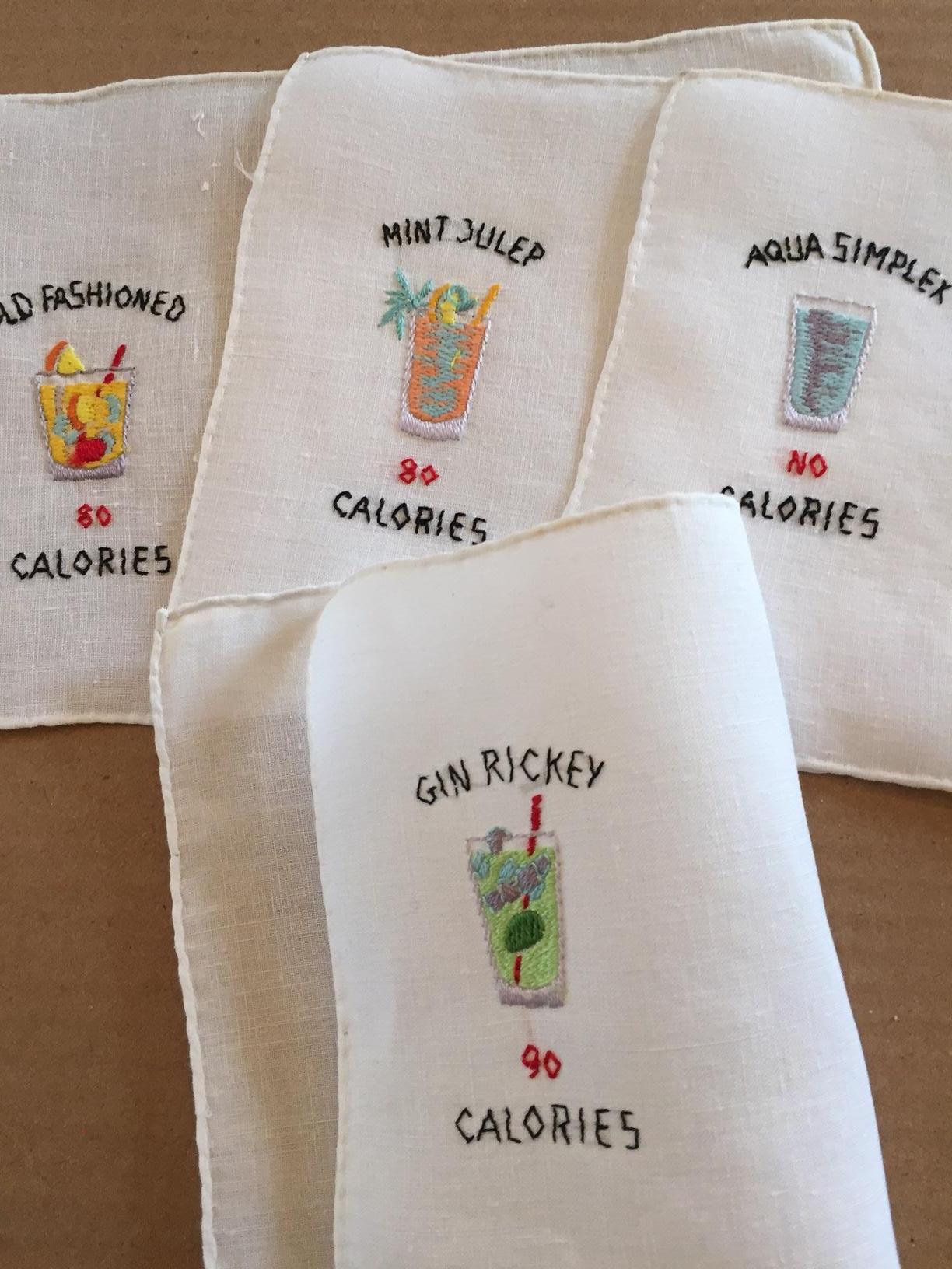 This set of eight cocktail napkins has the name and image of a different drink on each one, along with the calorie count. They are white linen with colorful embroidery. The set is in excellent condition.
Measurements;
Height 5.5