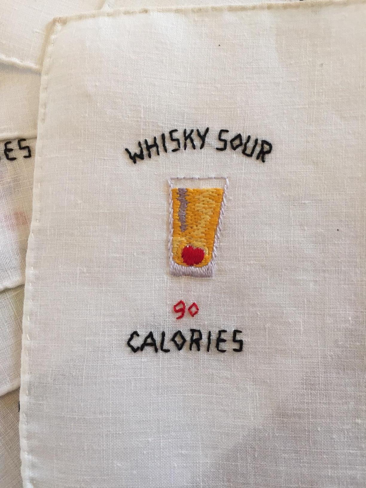 Gray Calorie Count Cocktail Napkins Embroidered Linen 1950's 