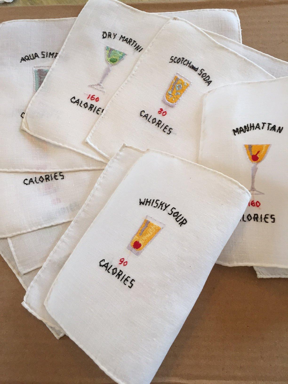 Calorie Count Cocktail Napkins Embroidered Linen 1950's  2
