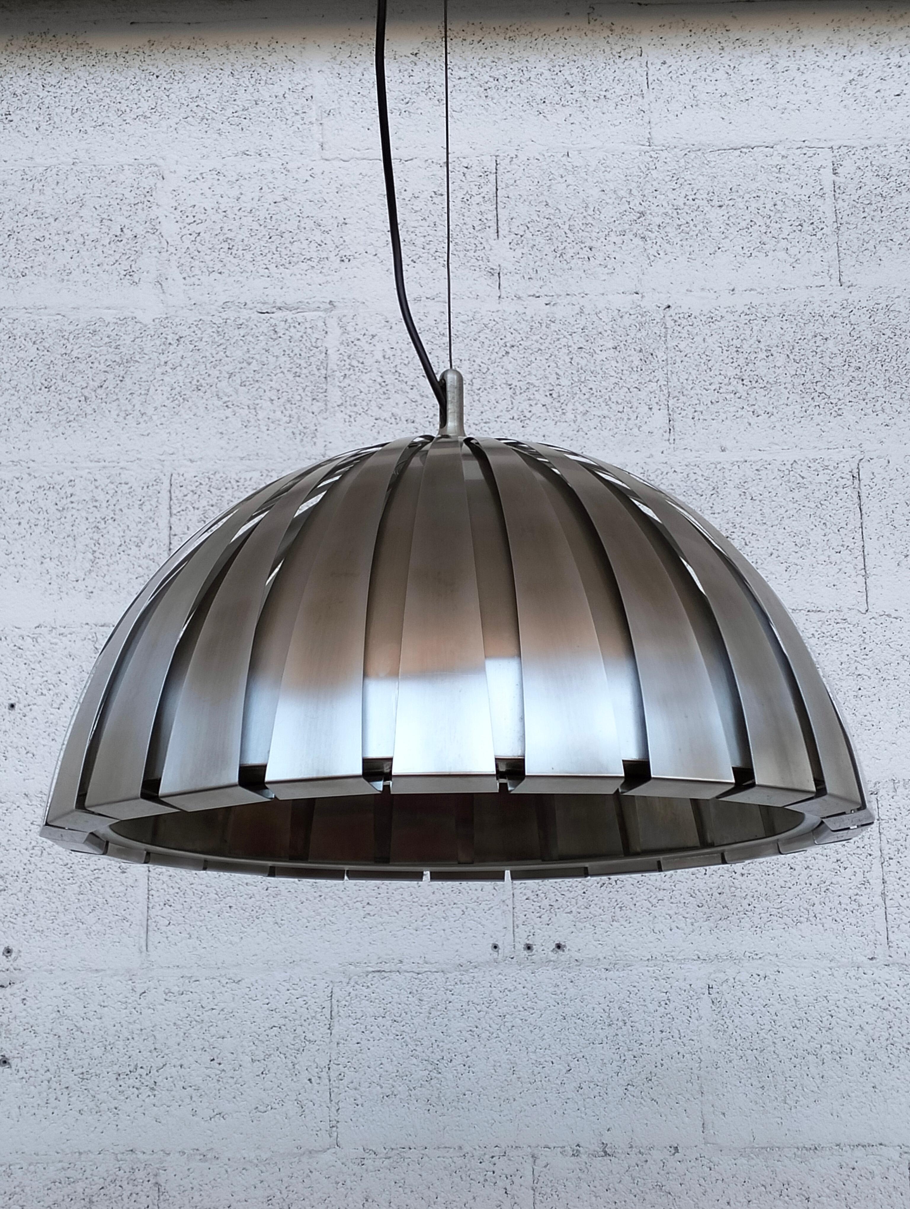 European Calotta steel pendant lamp chandelier by Elio Martinelli for Martinelli Luce 60s For Sale