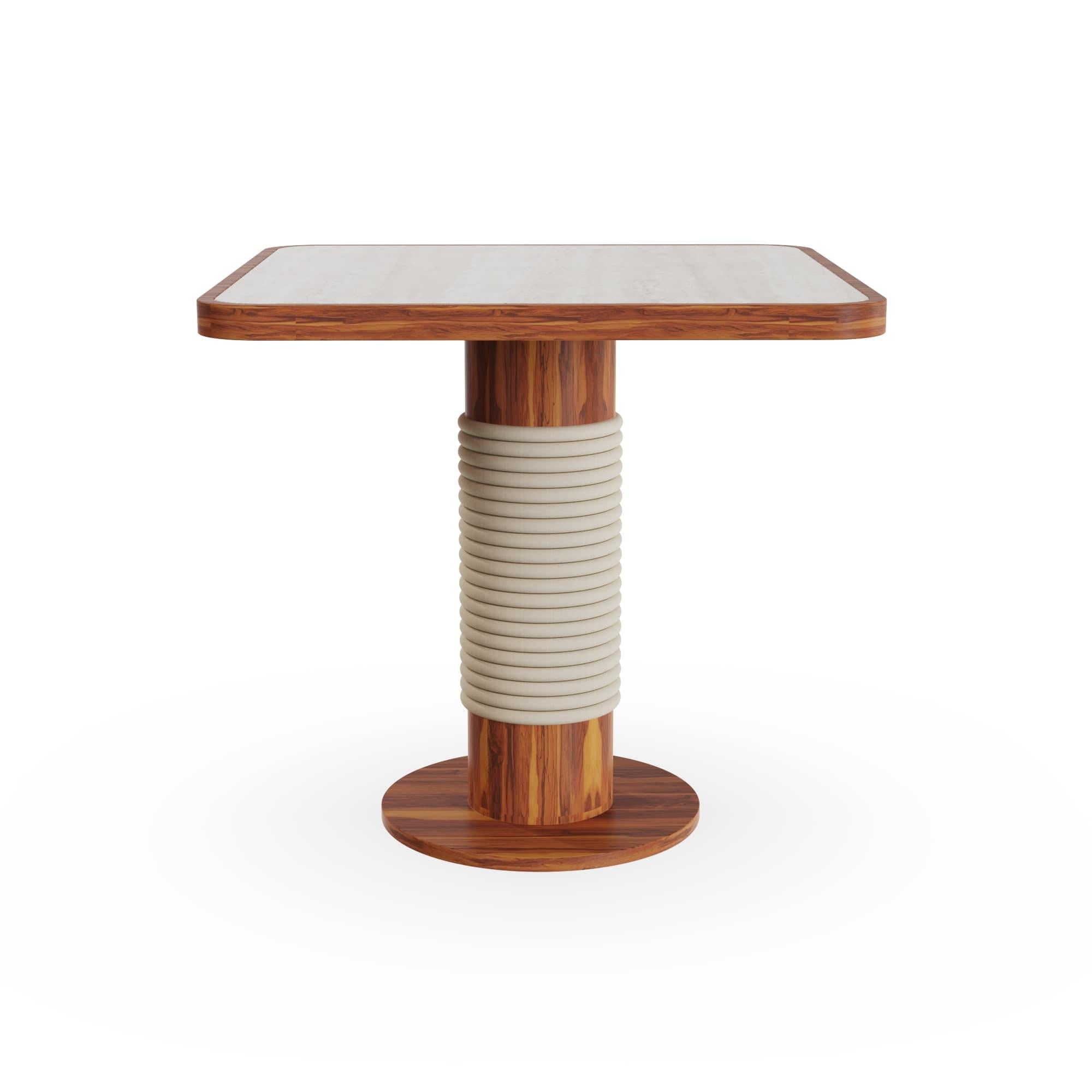 Portoghese Calpe Outdoor Square Dining Table in Iroko Wood with Travertine Top in vendita