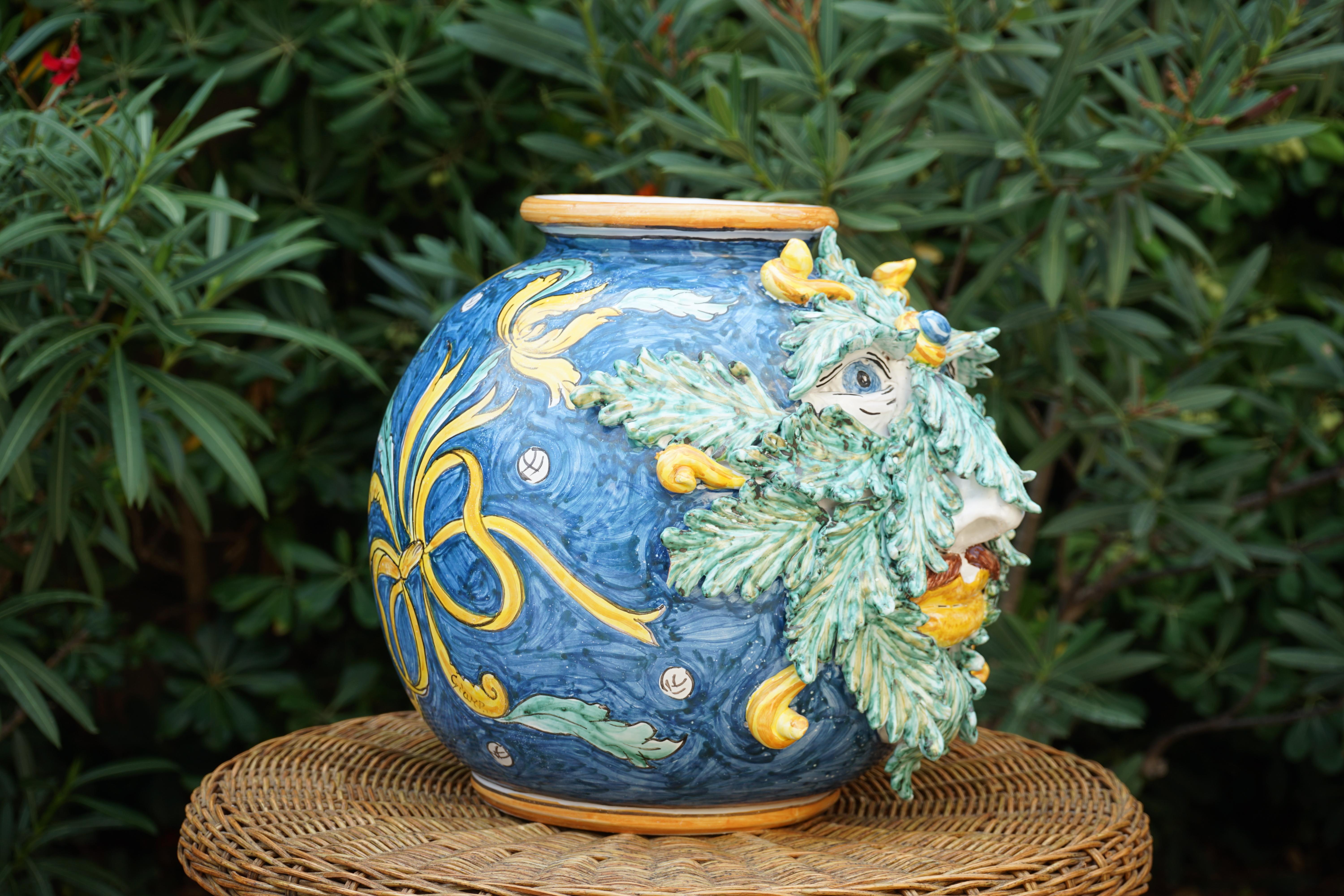 Italian Caltagirone Ceramic Sculpture Vase Model Santino For Sale
