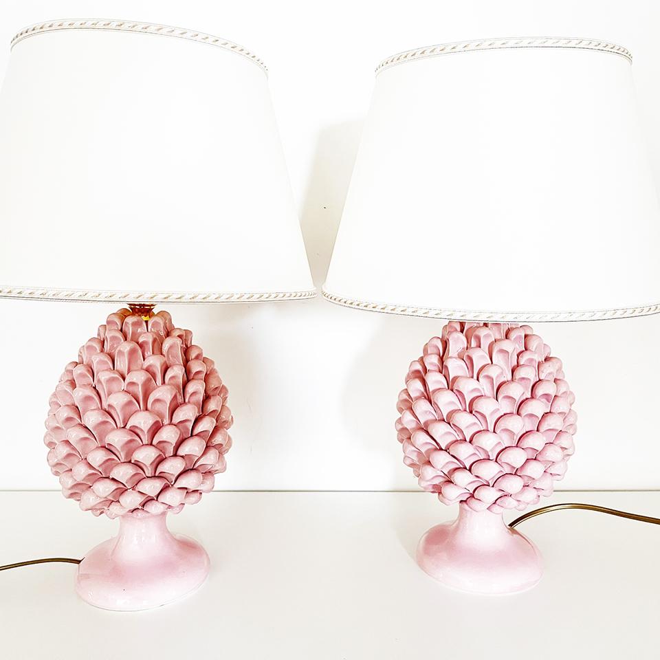 Italian Caltagirone Ceramics a Pair of Pink Table Lamps 