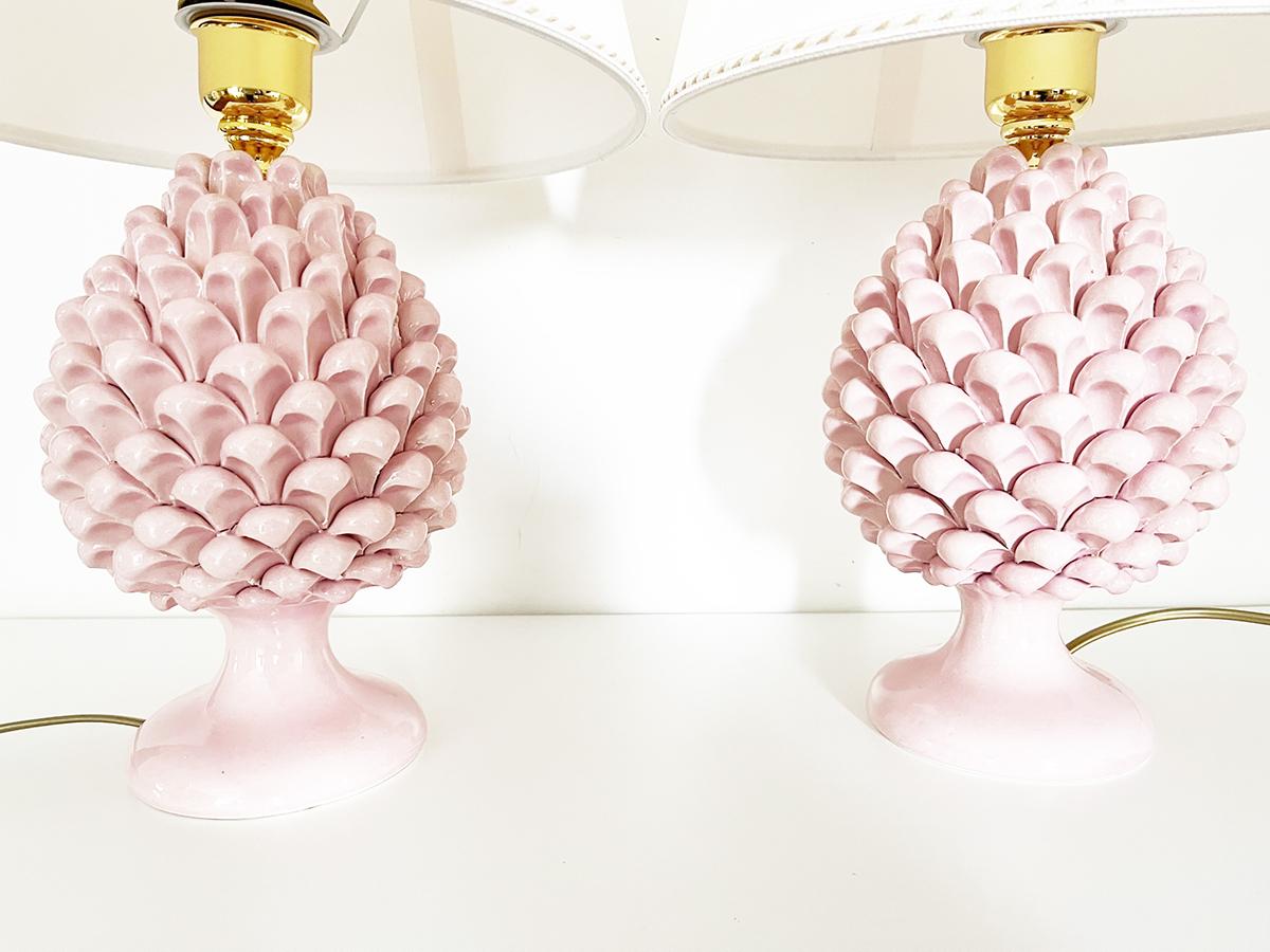 Contemporary Caltagirone Ceramics a Pair of Pink Table Lamps 