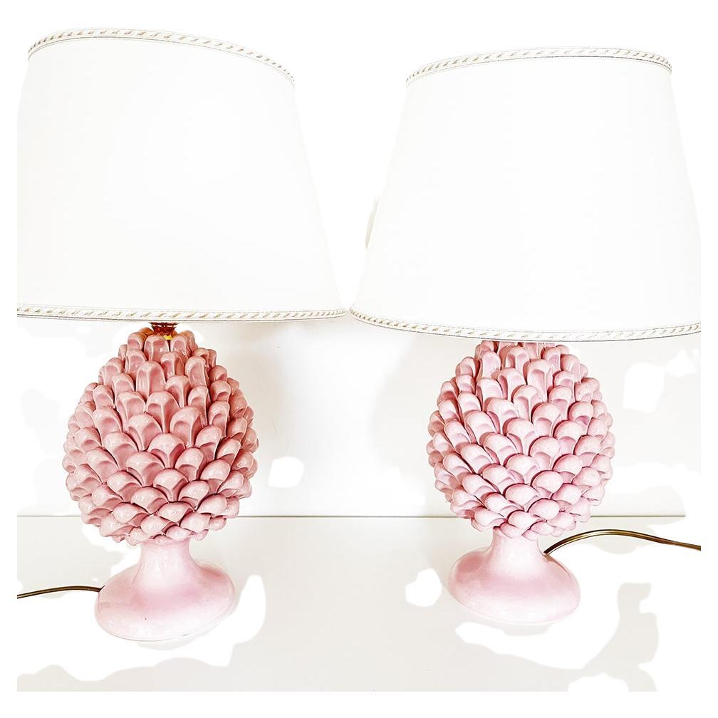 Caltagirone Ceramics a Pair of Pink Table Lamps 
