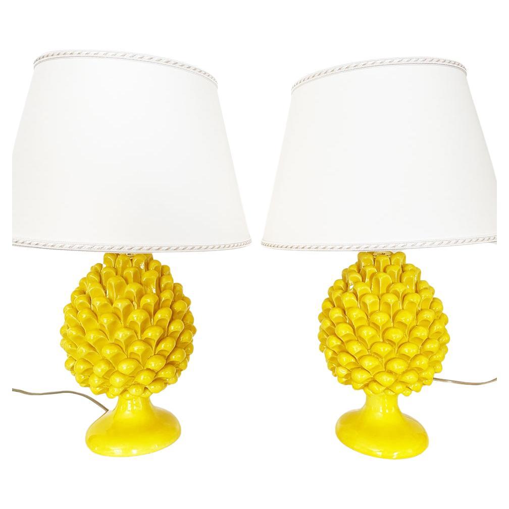 Caltagirone Ceramics a Pair of Yellow Table Lamps