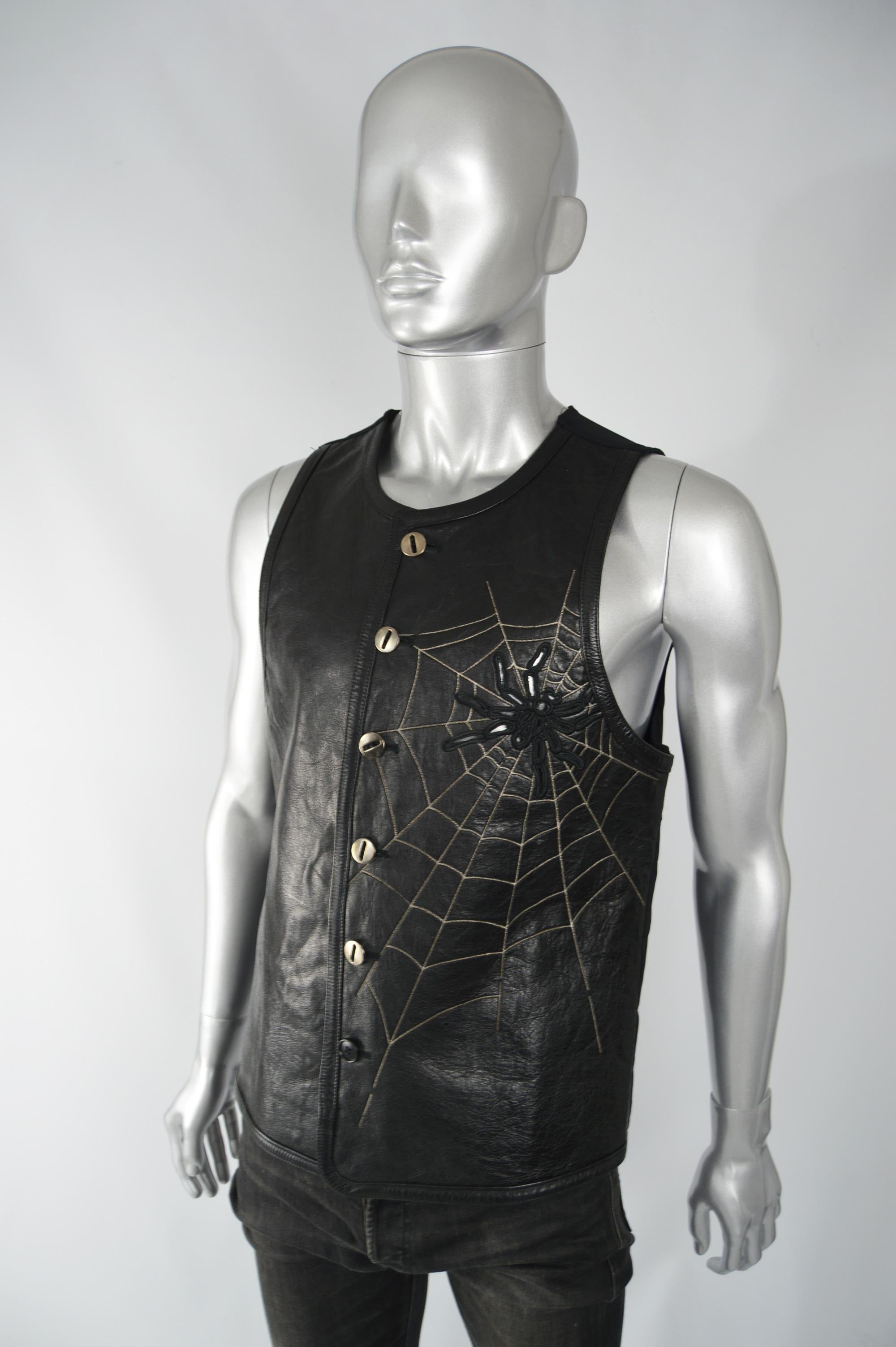 Black Calugi e Giannelli  Mens Embroidered & Cut Out Leather Vest For Sale