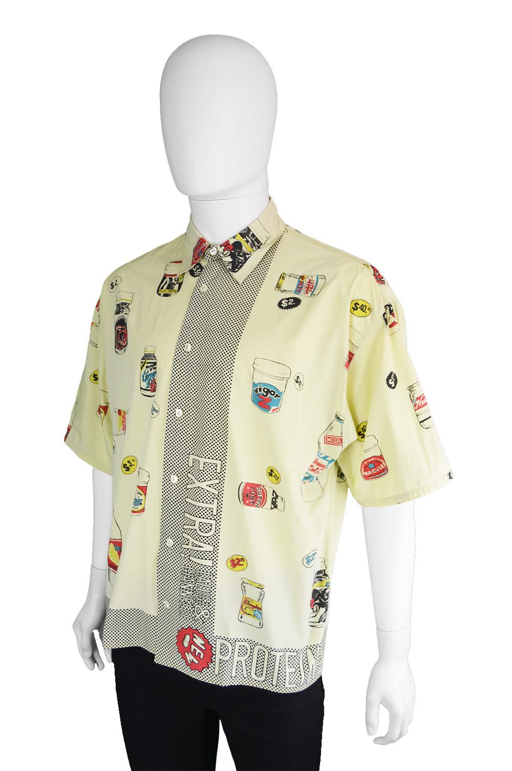Calugi e Giannelli Men's Vintage Pale Yellow Advertising Print Shirt, 1980s In Good Condition In Doncaster, South Yorkshire