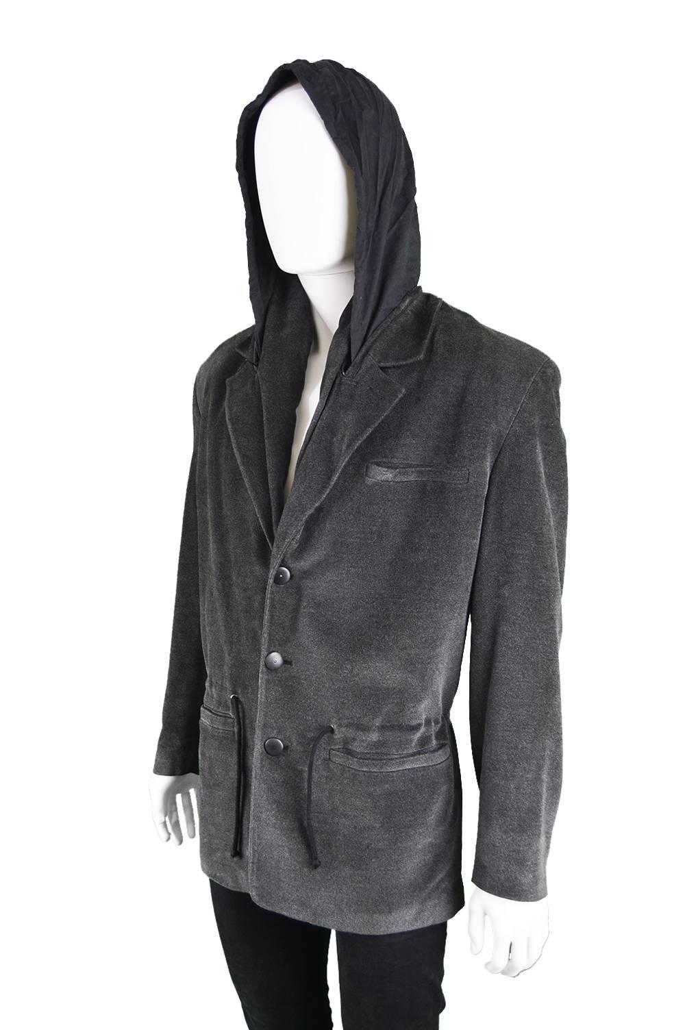 Men's Calugi e Giannelli Vintage 1980's Gray Double Collar Mens Built-in Hood Jacket 