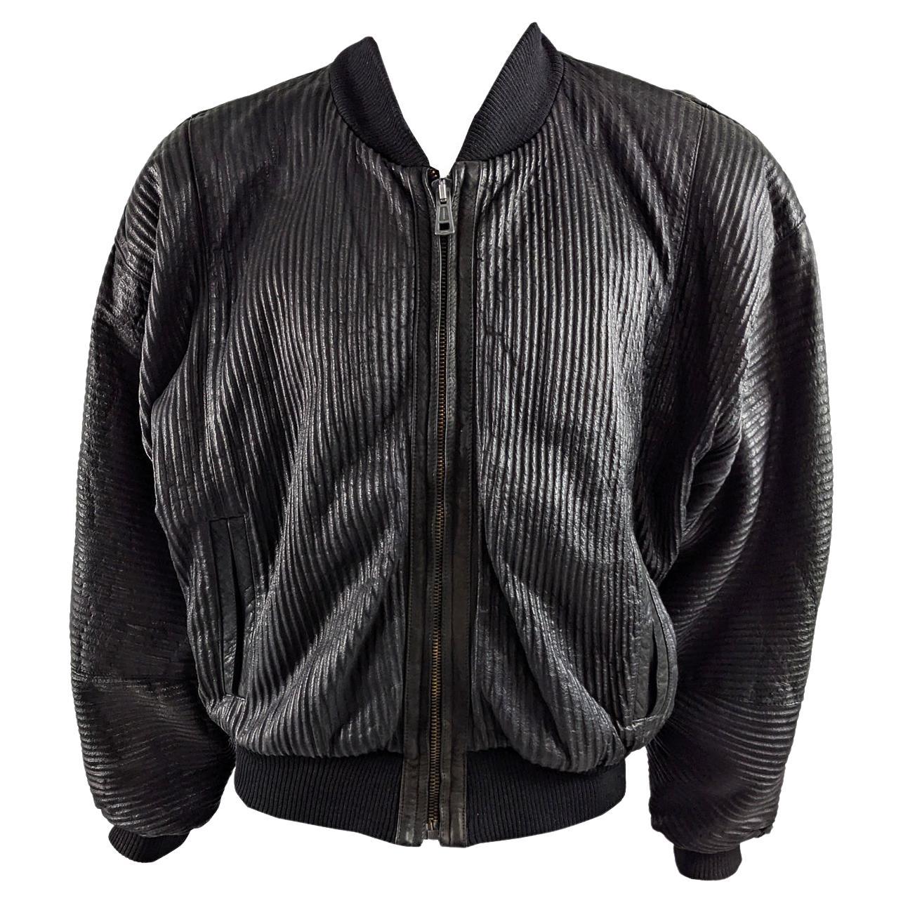 Calugi e Giannelli Vintage 80s Mens Ribbed Leather Bomber Jacket, 1980s For Sale