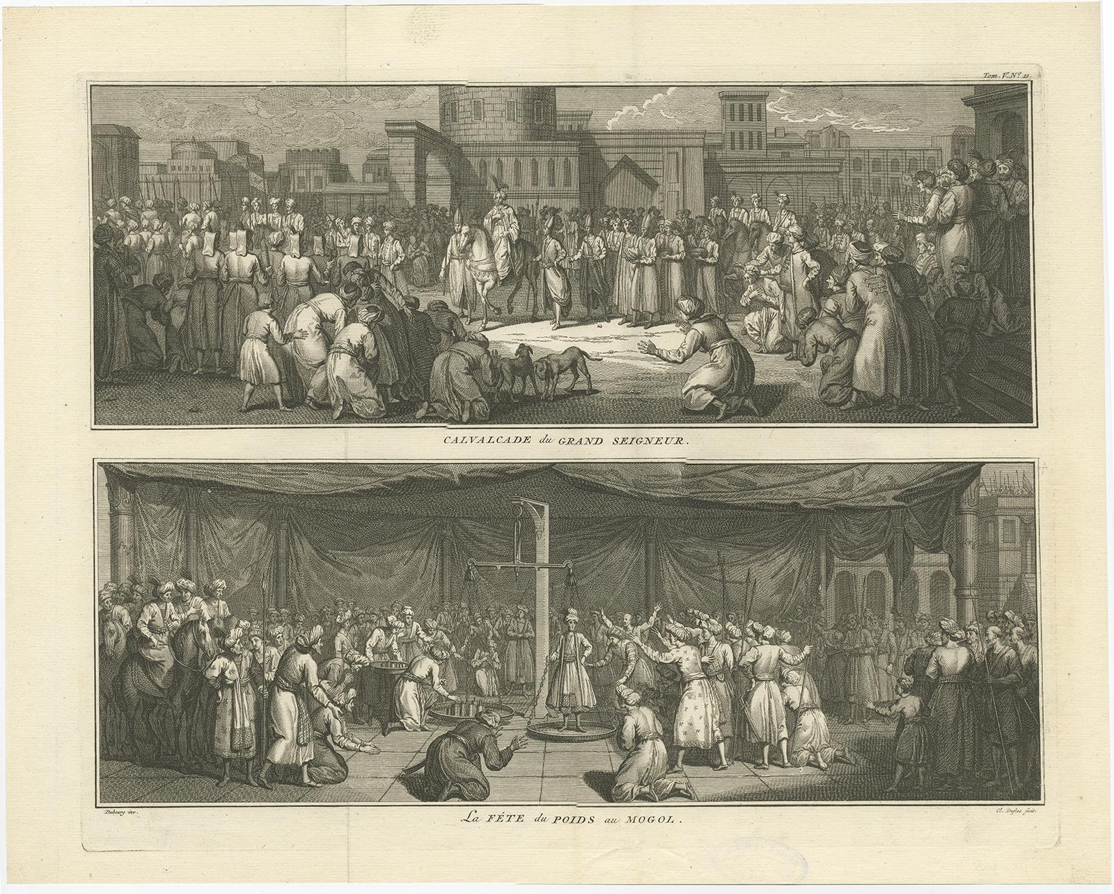 Antique print titled 'Calvalcade du Grand Seigneur' and 'La Féte du poids au Mogol'. 

The upper image depicts the Calvalcade of the Great Lord, the lower image depicts The celebration of the weights of the Mughal Empire. This print originates