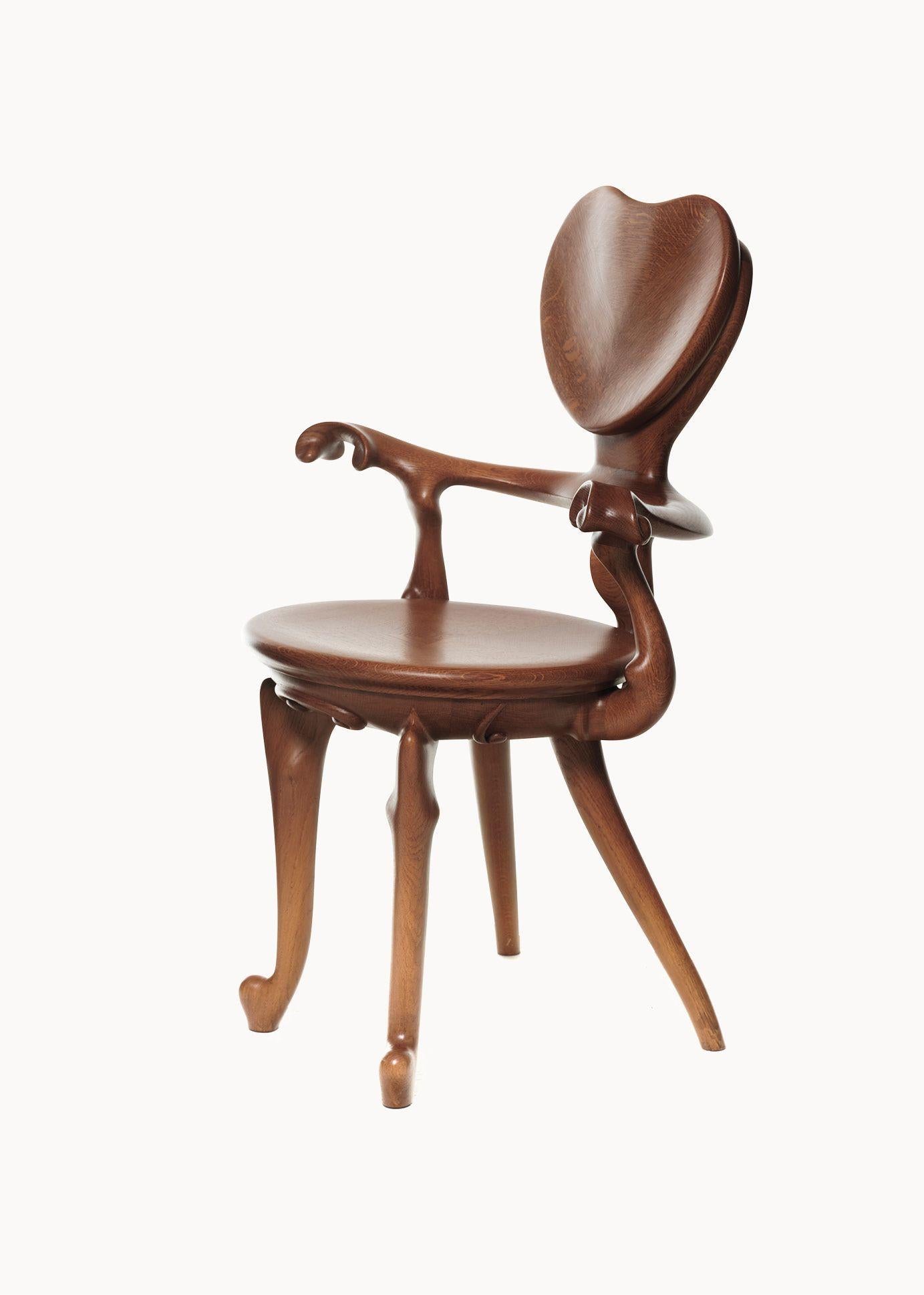 Antoni Gaudí is globally admired beyond the realm of architecture, entering into pieces like the Calvet armchair. Designed in 1900-1901 for the Calvet House in Barcelona, the oak armchair is handcrafted the same way it was in Gaudi’s time. Five