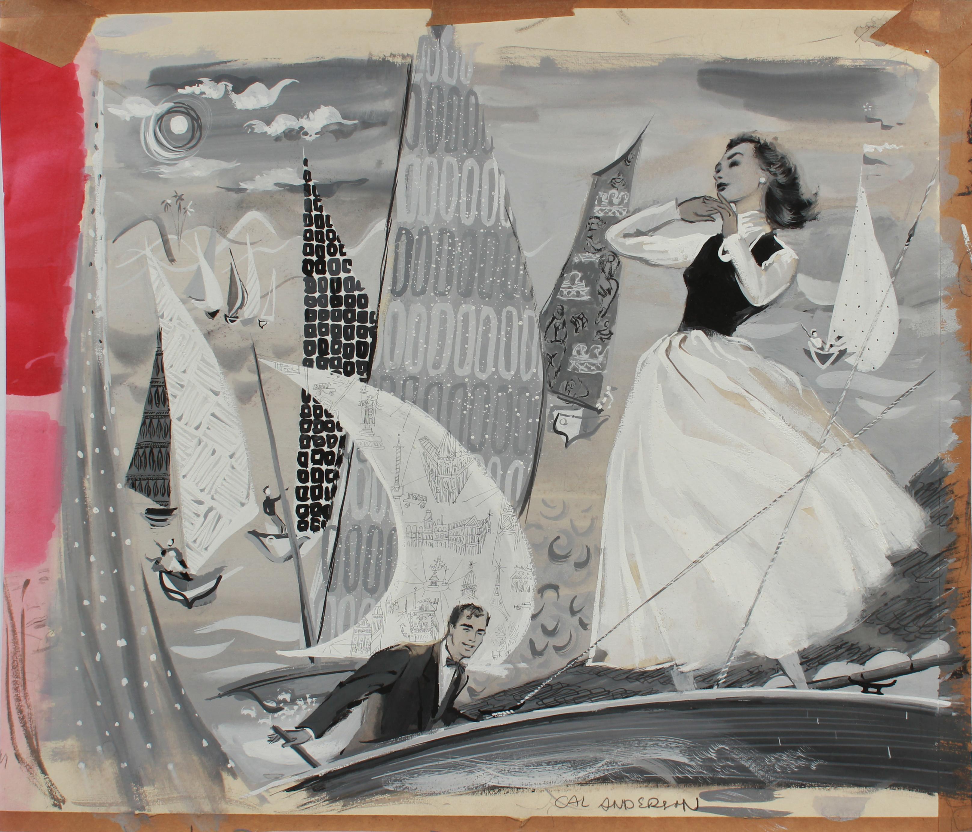 Calvin Anderson Figurative Art - 1950's Vintage Nautical-Themed Illustration with Couple in Gouache & Graphite