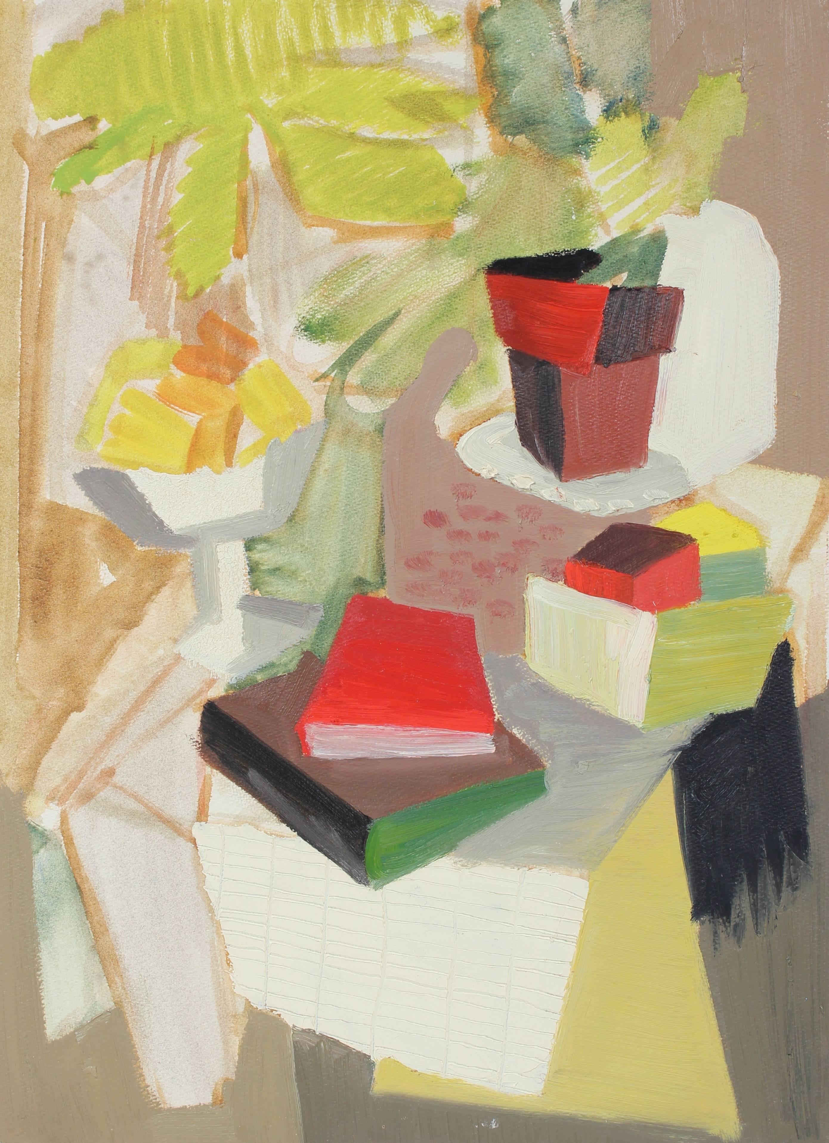 Calvin Anderson Still-Life Painting - Abstracted Still Life with Books, Oil on Paper, 1943