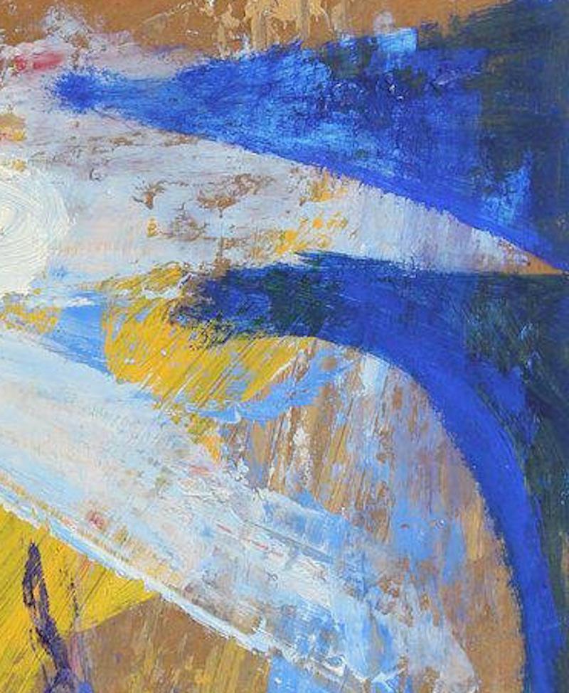 This 1950s oil on masonite abstract in blue, yellow and white is by Bay Area painter, printmaker, and designer Calvin Anderson (b. 1925).  He studied at CCAC and Art Center College in the 1940s and worked as a commercial art director in San