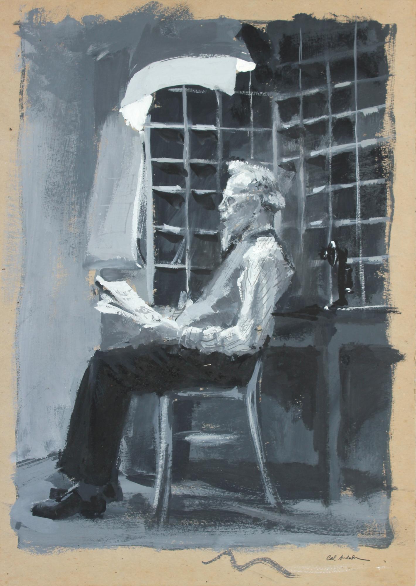 Calvin Anderson Figurative Painting - Gentleman Reading 20th Century Gouache on Paper Board