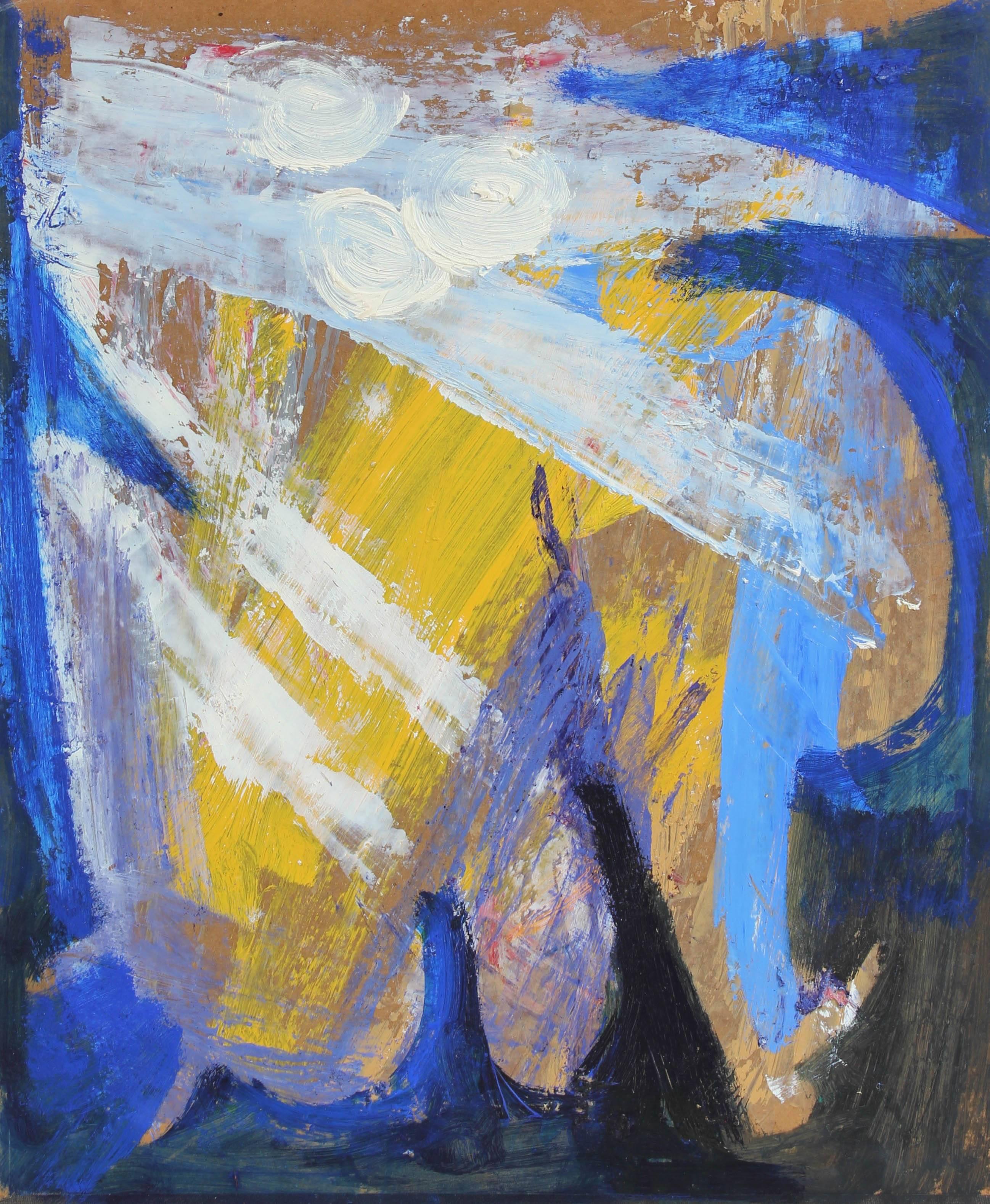Calvin Anderson Abstract Painting - Bauhaus Modernist Abstract in Blue Yellow & White, Oil Painting, Late 1950s