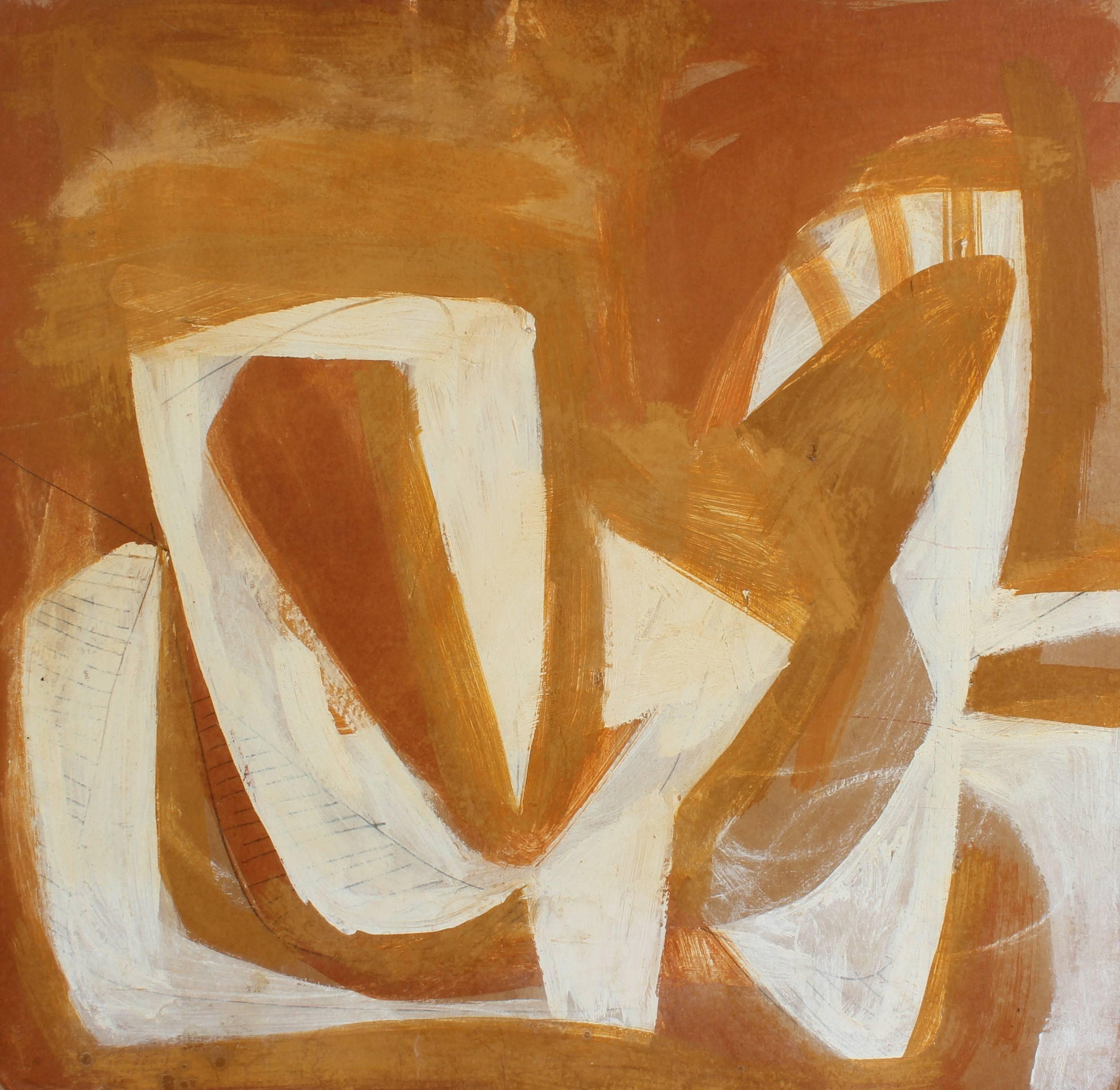 Calvin Anderson Abstract Painting - Modernist Abstract in White and Gold, Oil Painting, Circa 1950s