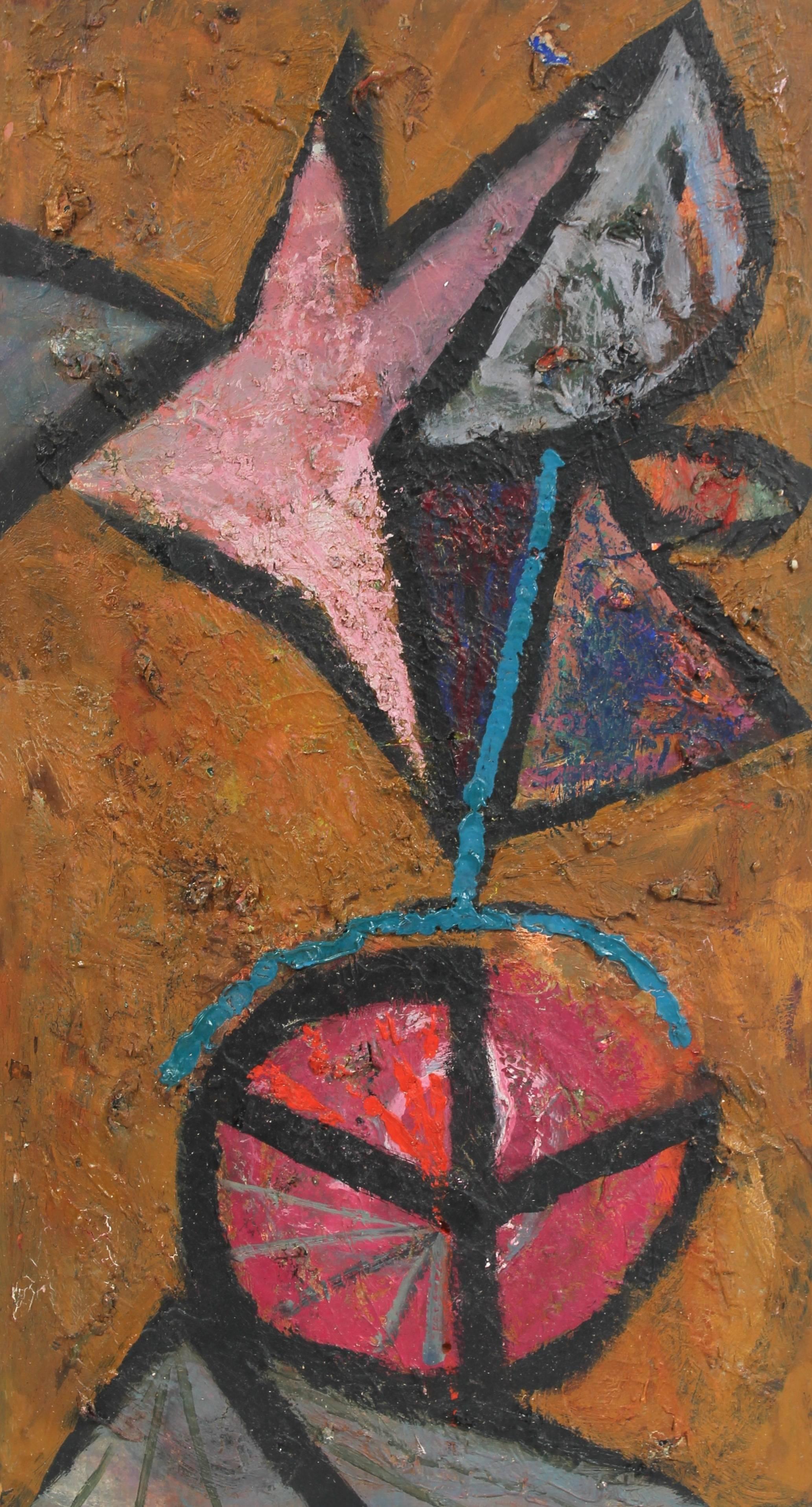 This circa 1950s oil on wood panel textured abstract is by Bay Area painter, printmaker, and designer Calvin Anderson (b. 1925).  He studied at CCAC and Art Center College in the 1940s and worked as a commercial art director in San Francisco for 40