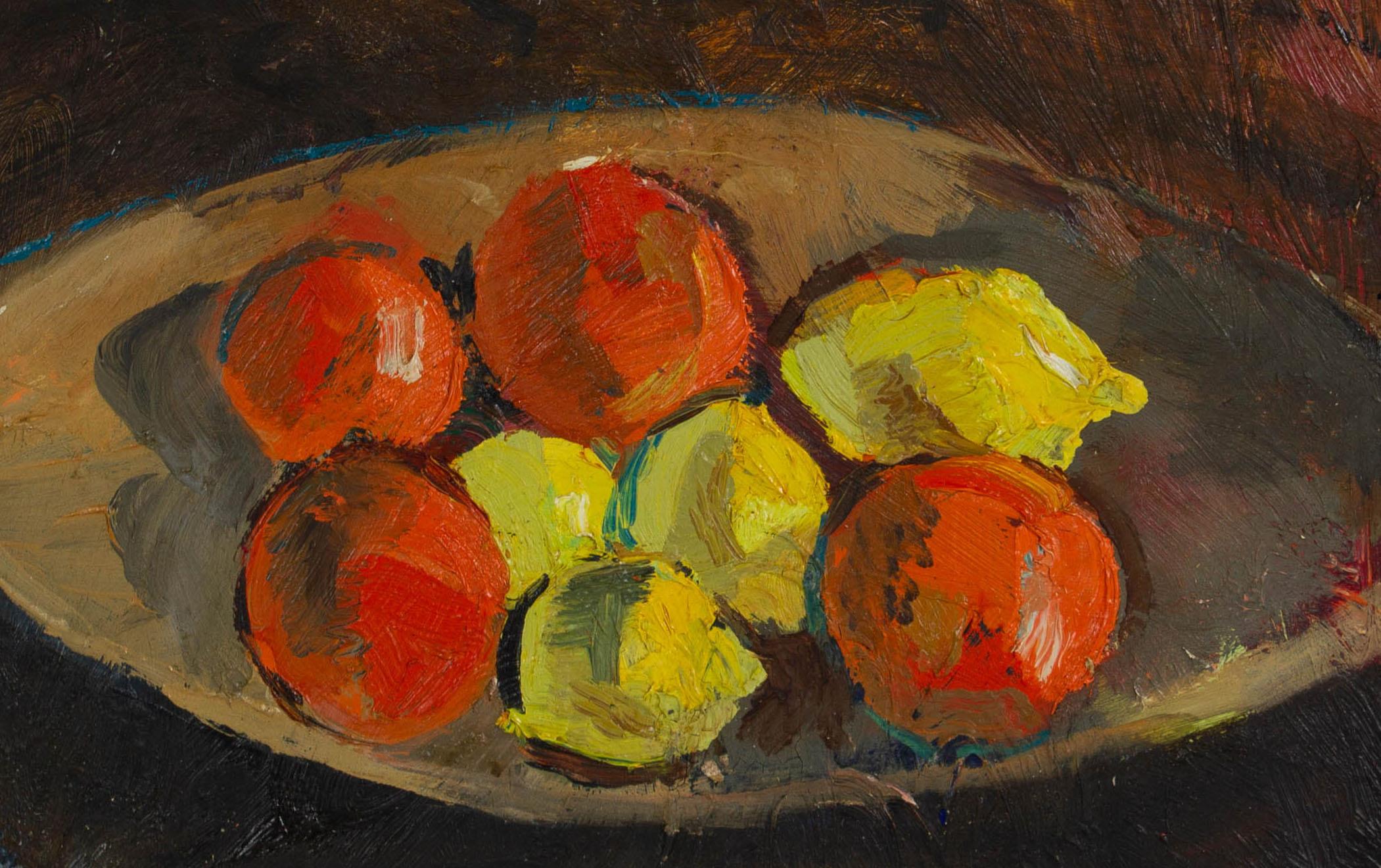 This late 1950s oil on masonite still life with lemons and oranges is by Bay Area painter, printmaker, and designer Calvin Anderson (b. 1925).  He studied at CCAC and Art Center College in the 1940s and worked as a commercial art director in San