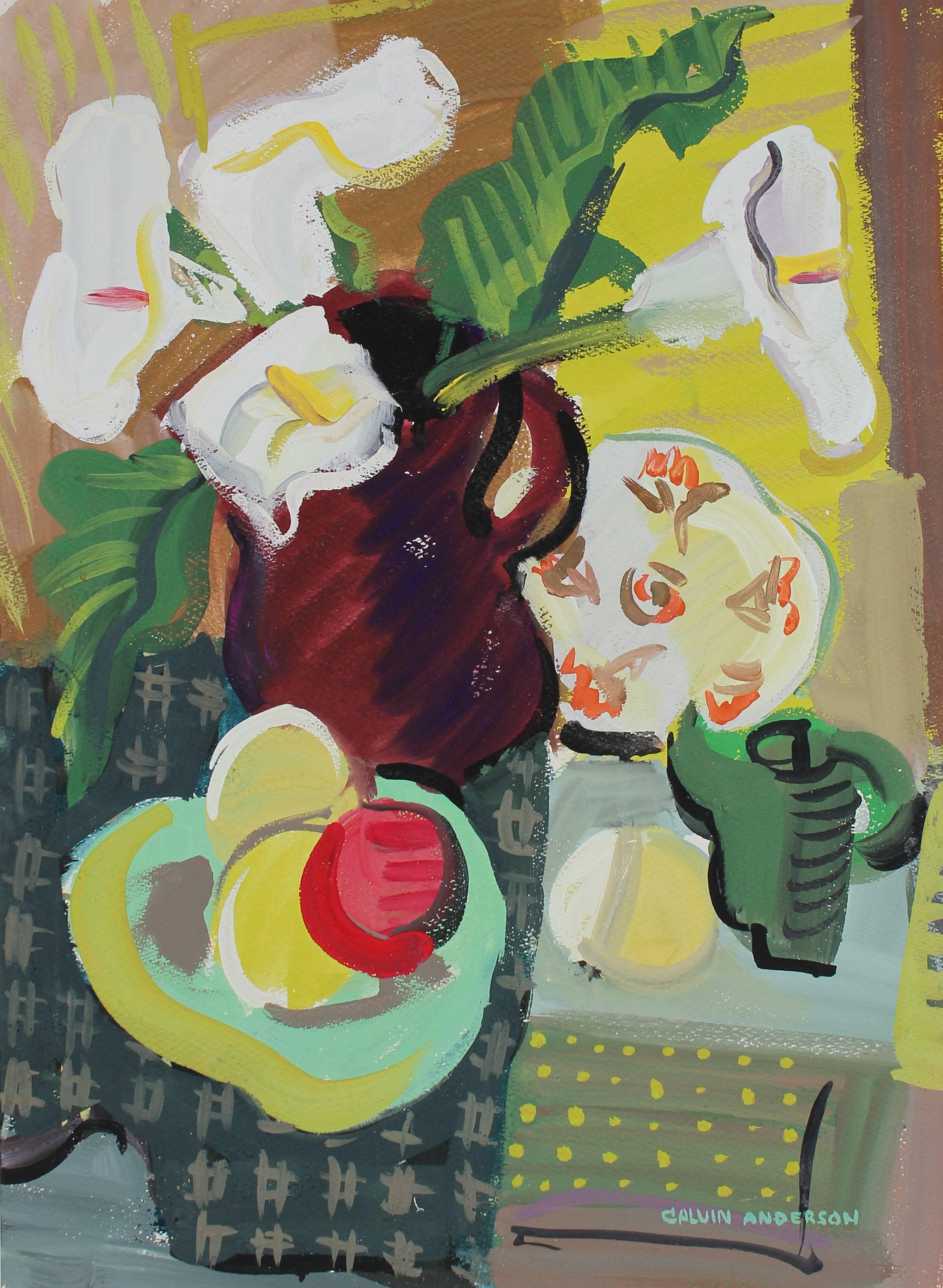 Calvin Anderson Still-Life Painting - Modernist Still Life with Calla Lilies in Gouache, 1943