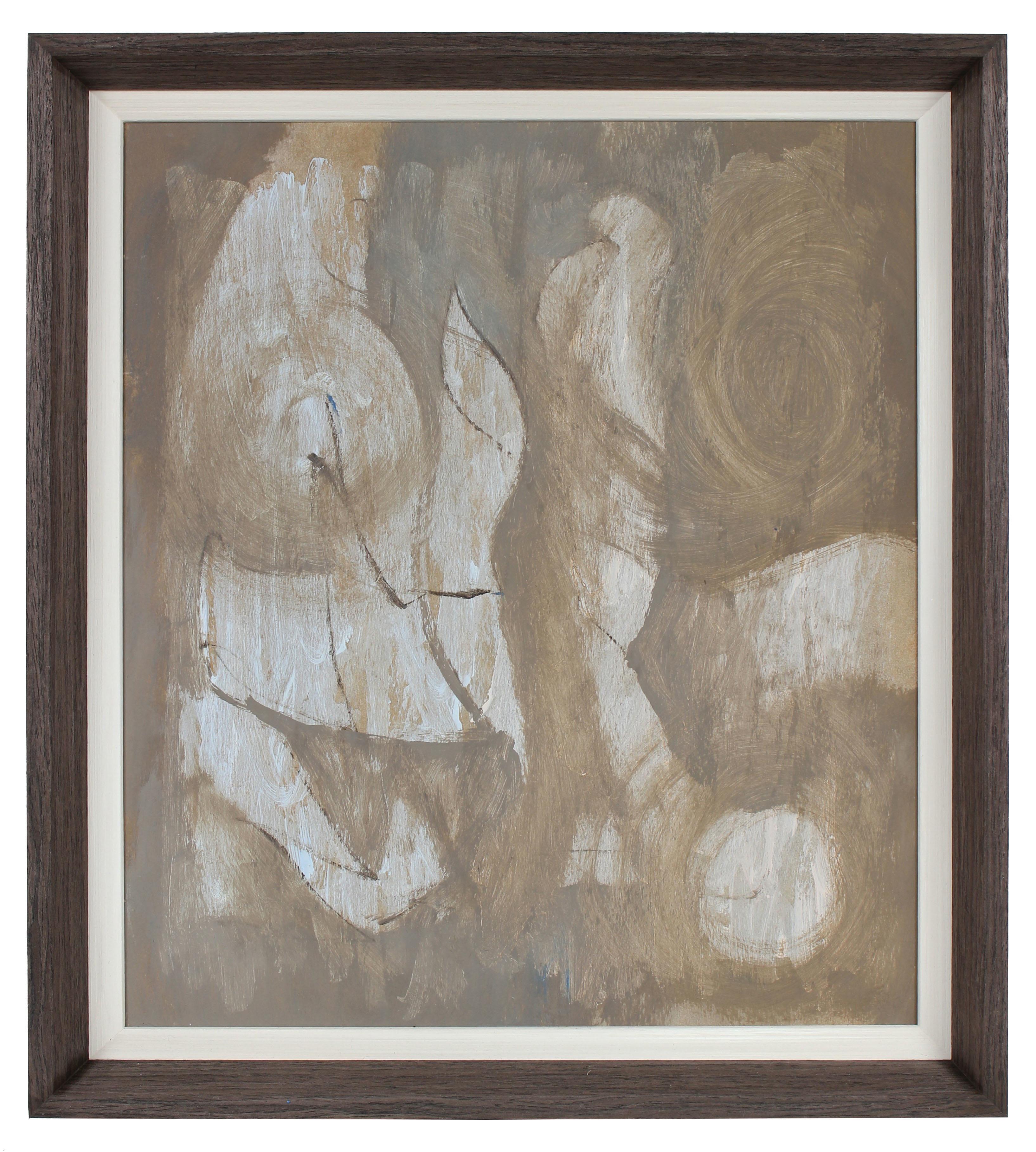 This circa late 1950s Modernist Abstract oil on wood panel textured painting in taupe, brown and gray is by Bay Area painter, printmaker, and designer Calvin Anderson (b. 1925).  He studied at the California College of the Arts and Art Center
