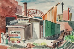 Industrielle Industrie-Stadtlandschaft 1946, Aquarell, Vintage