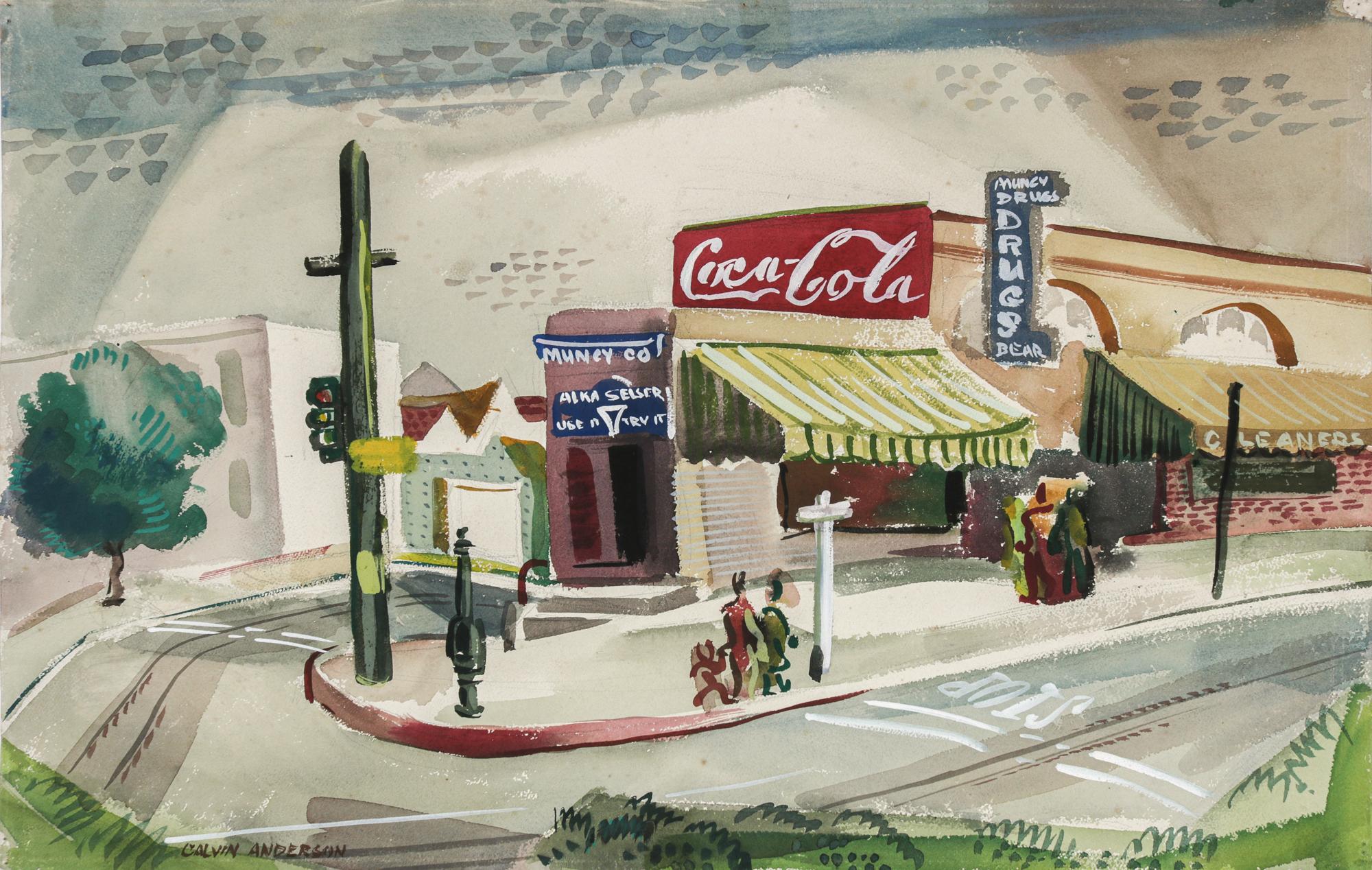 Calvin Anderson Landscape Painting - Vintage Street Corner Scene Mid 1940s Watercolor
