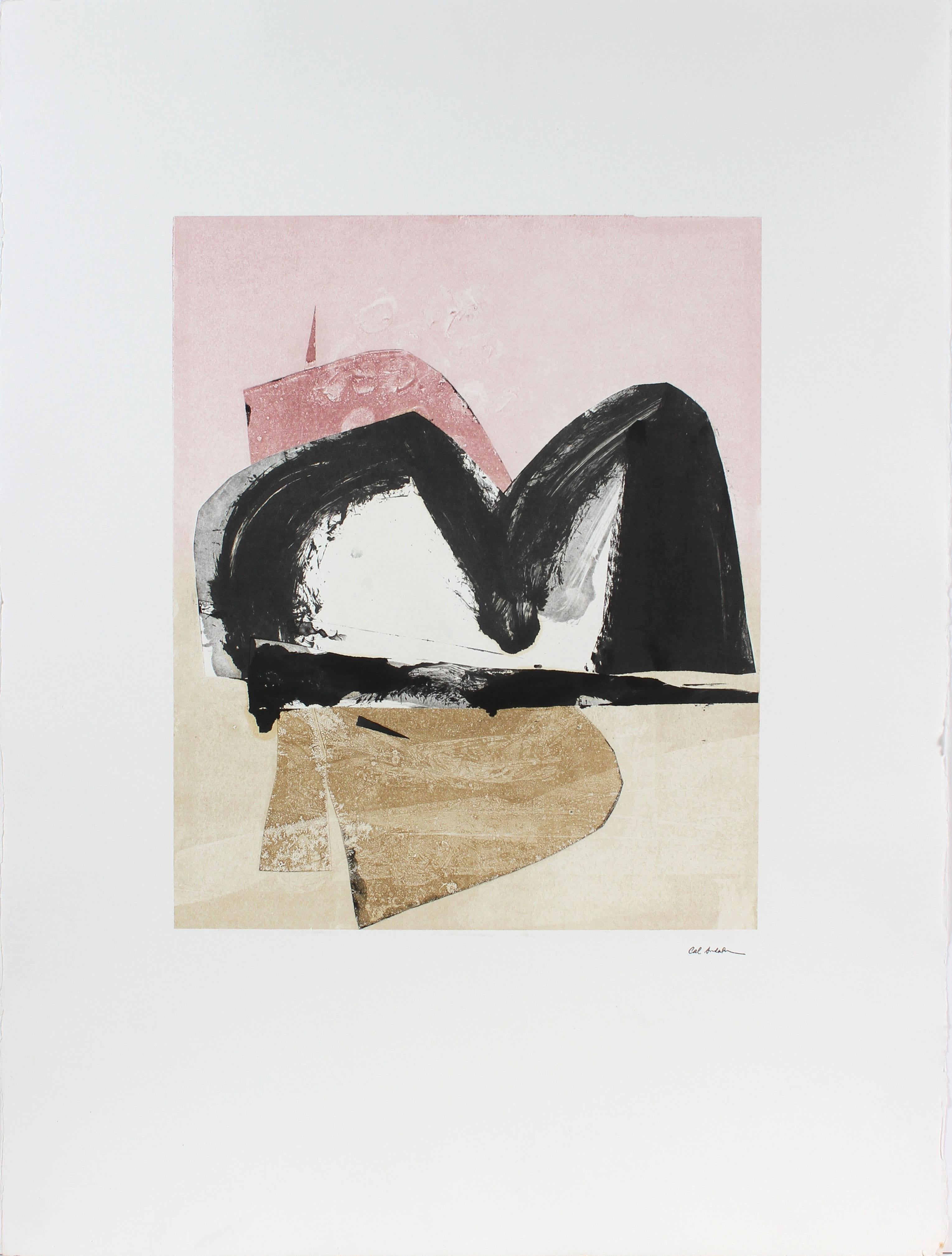 1990s Abstract Expressionist Bauhaus Monotype in Light Pink Black & Tan - Print by Calvin Anderson