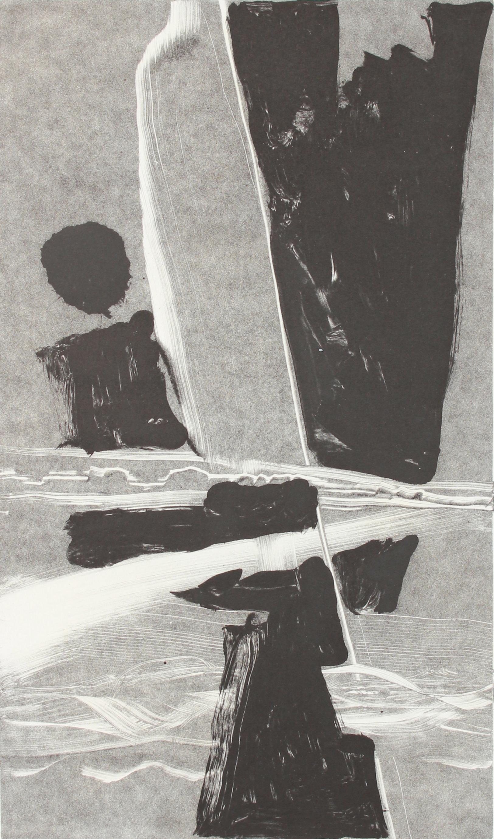 This black and white abstract monotype on paper print, circa late 1990s-early 2000s, is by Bay Area painter, printmaker, and designer Calvin Anderson (b. 1925).  He studied at CCAC and Art Center College in the 1940s and worked as a commercial art