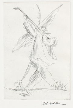 Whimsical Figure Playing the Banjo 20th Century Etching