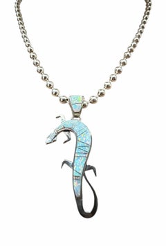 Calvin Begay Fire and Ice Opal Sterling Silver Gecko Pendant Necklace
