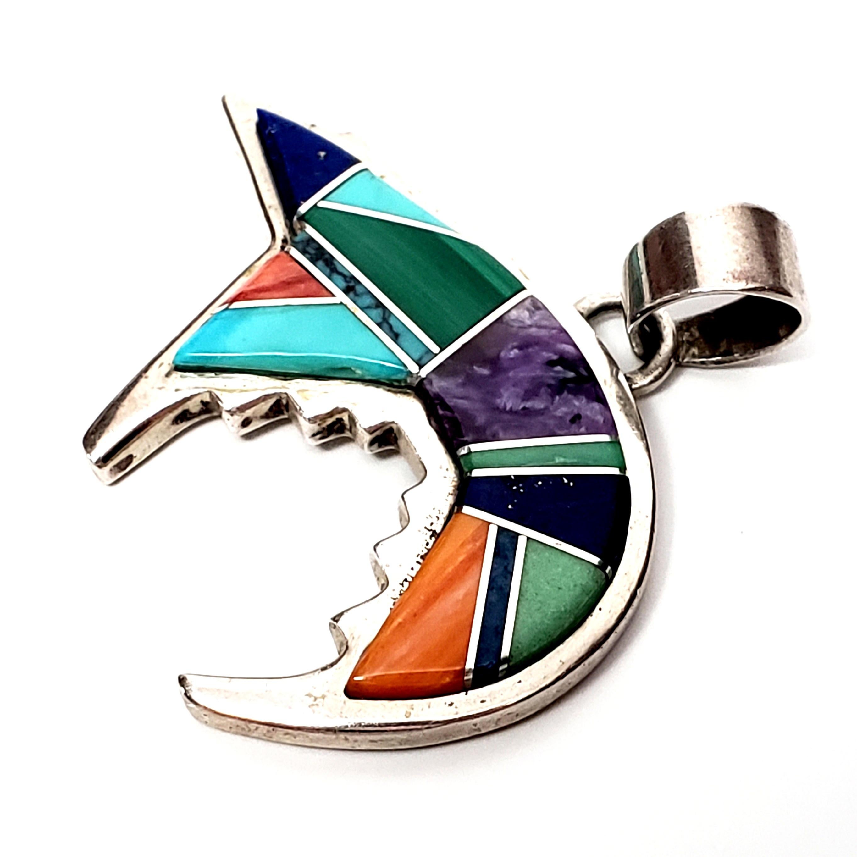 Calvin Begay Native American Sterling Silver Multi Stone Inlay Bear Pendant In Good Condition In Washington Depot, CT