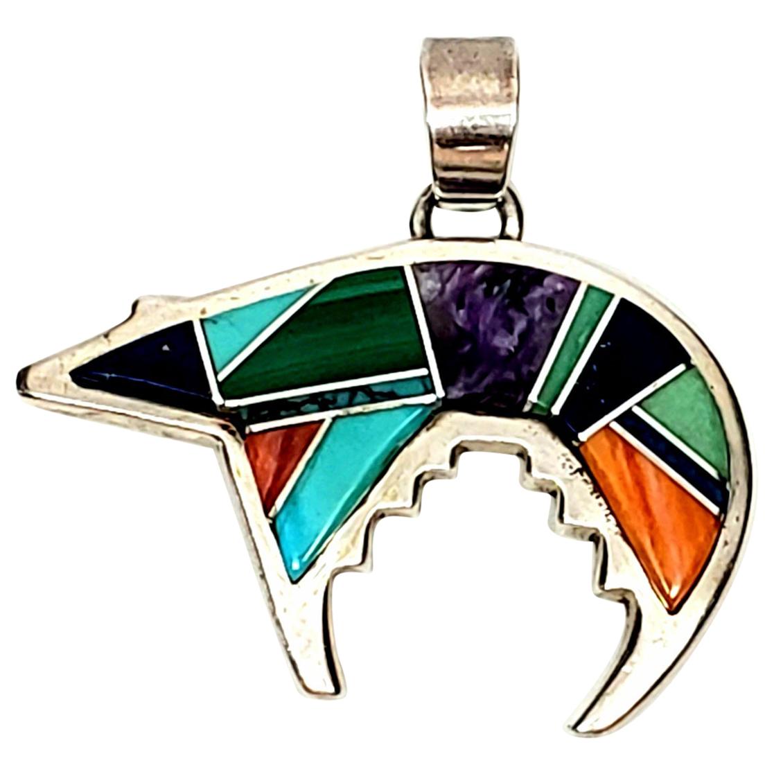 Sterling Silver Navajo Inlay Stone Turquoise Spiny Oyster Opal Rectangle Pendant 