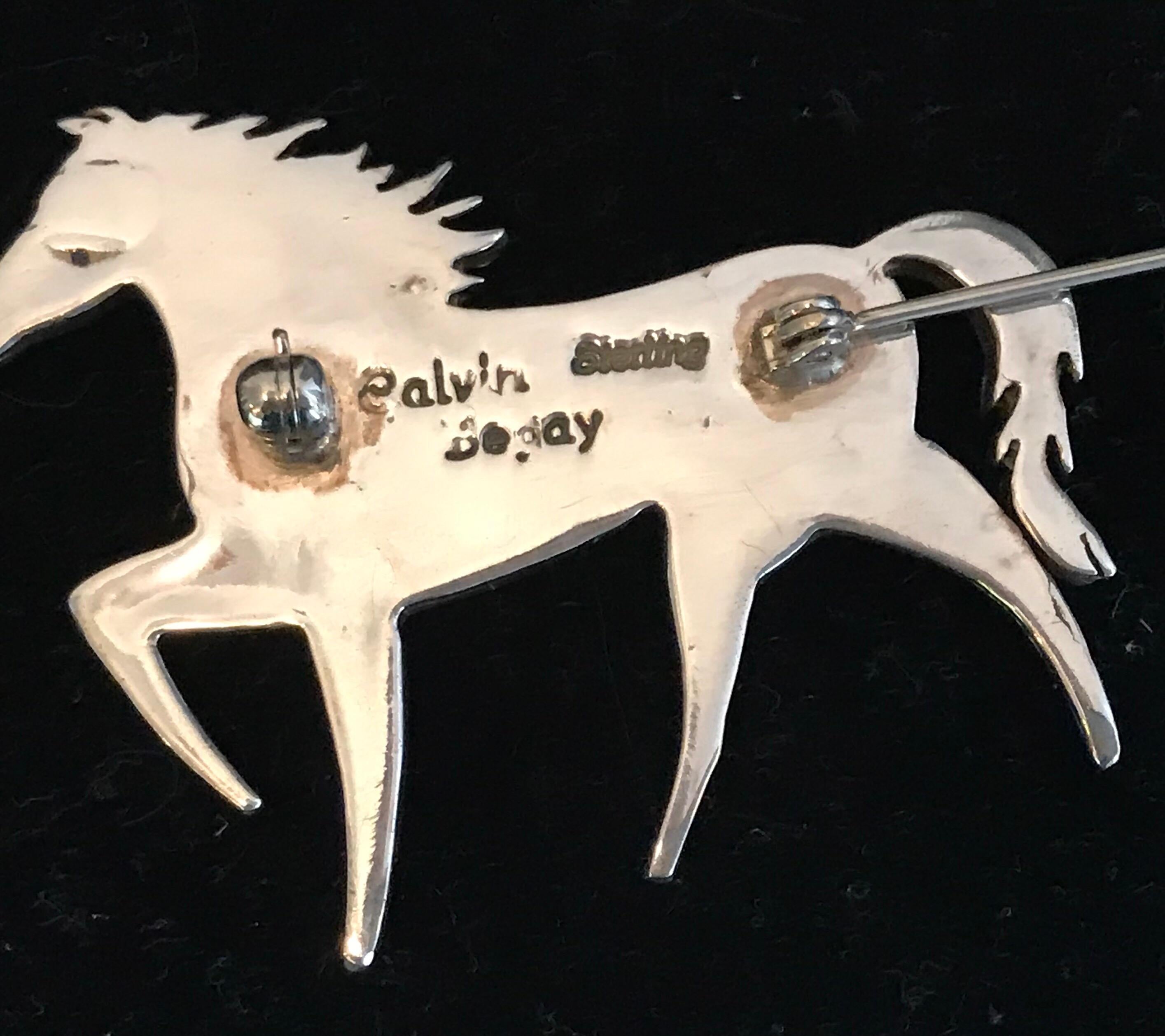 Calvin Begay Navajo Designer Original, Fire Opal & Sterling Stallion Brooch In Excellent Condition For Sale In Pahrump, NV