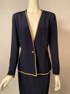Calvin Klein 1990's Navy Blue Silk Evening Suit with Metallic Gold Trim