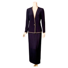 Calvin Klein 1990's Navy Blue Silk Evening Suit with Metallic Gold Trim