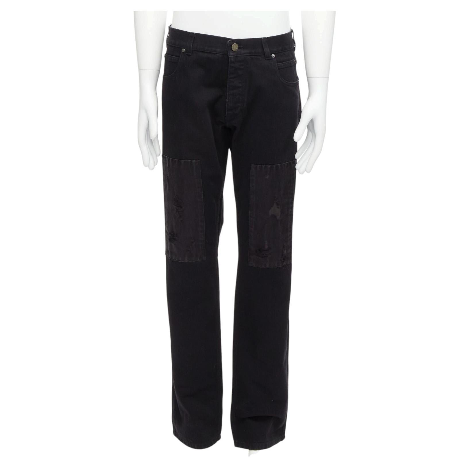 CALVIN KLEIN 205W39NYC Raf Simons black distressed satin patch washed jeans 31" For Sale