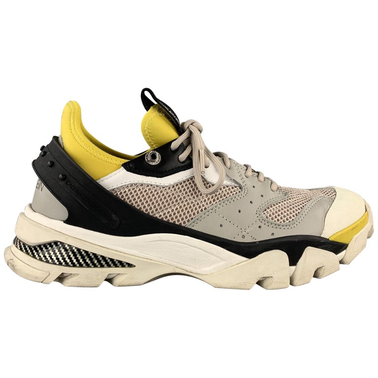 CALVIN KLEIN 205W39NYC Size 9.5 Grey and Yellow Mixed Materials Carlos 10  Sneakers For Sale at 1stDibs