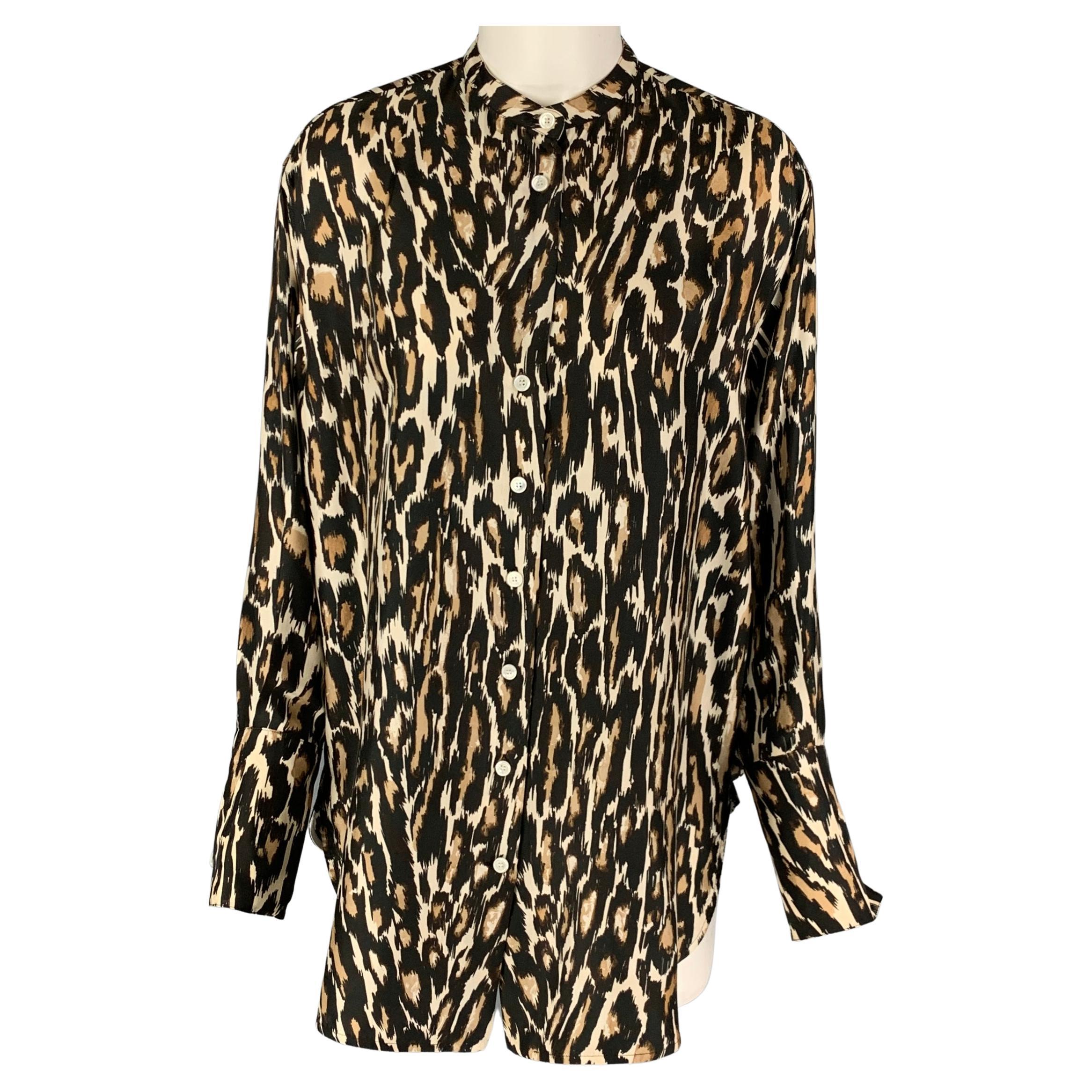 CALVIN KLEIN 205W39NYC Size S Black Brown Silk Leopard Nehru Collar Shirt  For Sale at 1stDibs