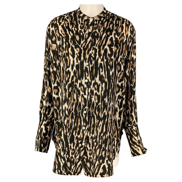 CALVIN KLEIN 205W39NYC Size S Black Brown Silk Leopard Nehru Collar Shirt For Sale