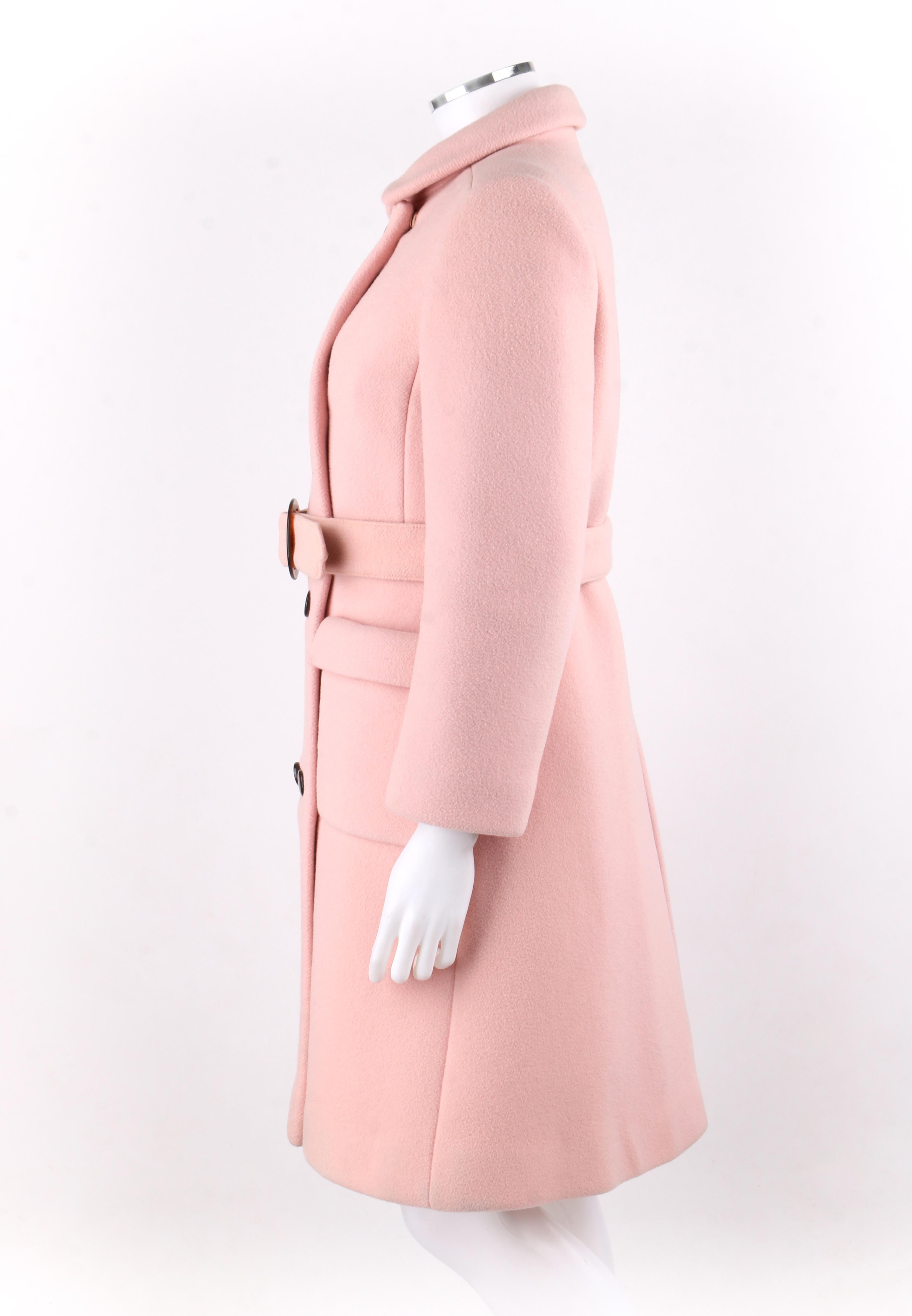 Women's CALVIN KLEIN c.1960’s Mod Soft Pink Wool Tortoise Shell Belted Top Coat