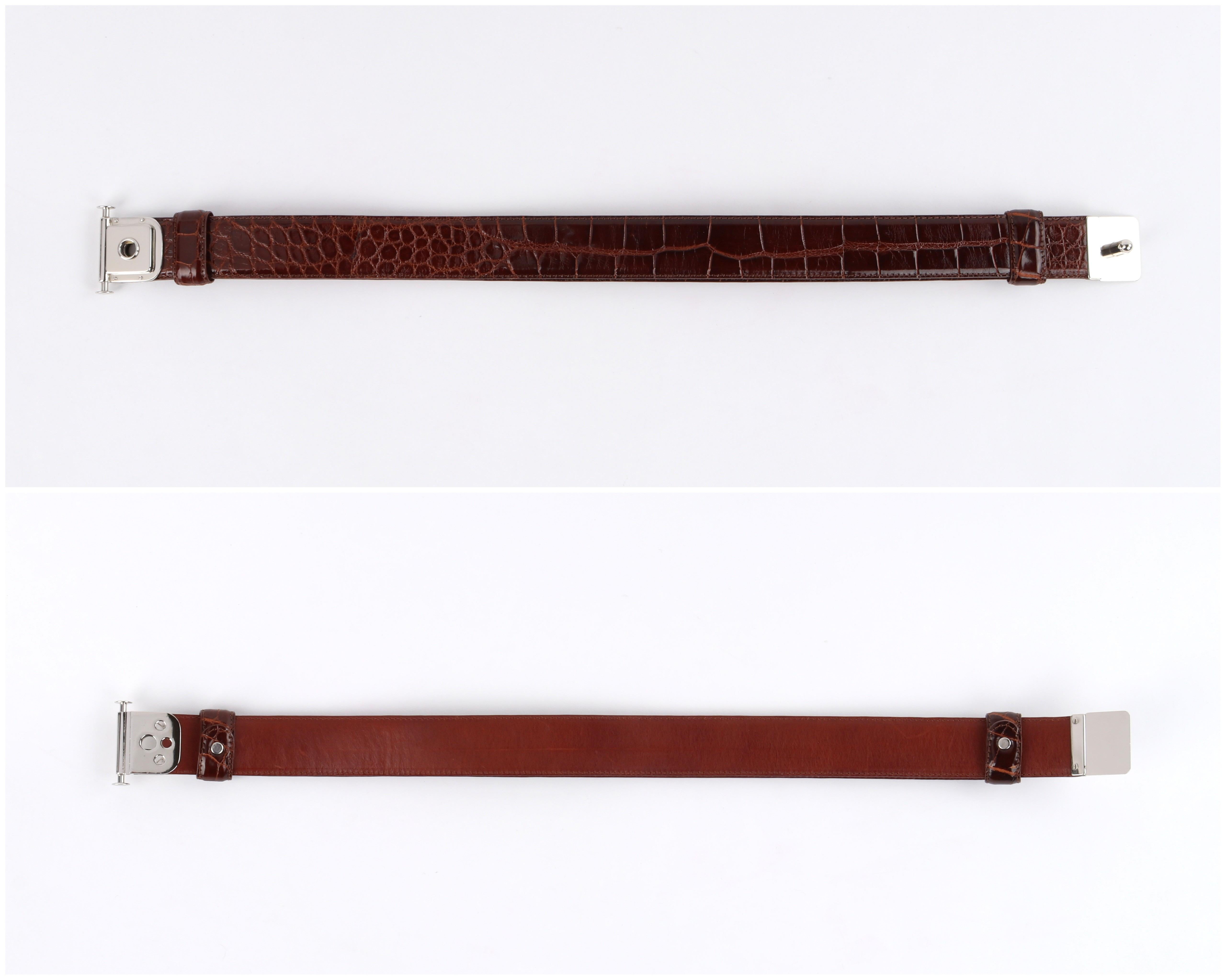 Women's CALVIN KLEIN c.1990’s Brown Alligator Adjustable Silver Push Lock Waist Belt