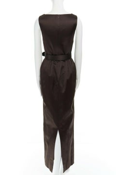 CALVIN KLEIN COLLECTION 100% silk dark brown bateau neck belted column dress US4