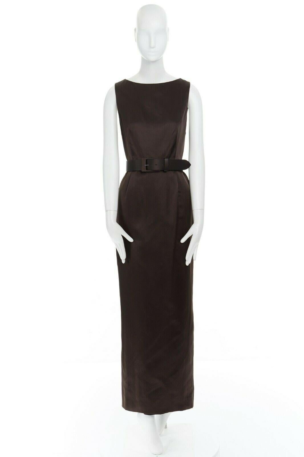 CALVIN KLEIN COLLECTION 100% silk dark brown bateau neck belted column dress US4 In Excellent Condition In Hong Kong, NT