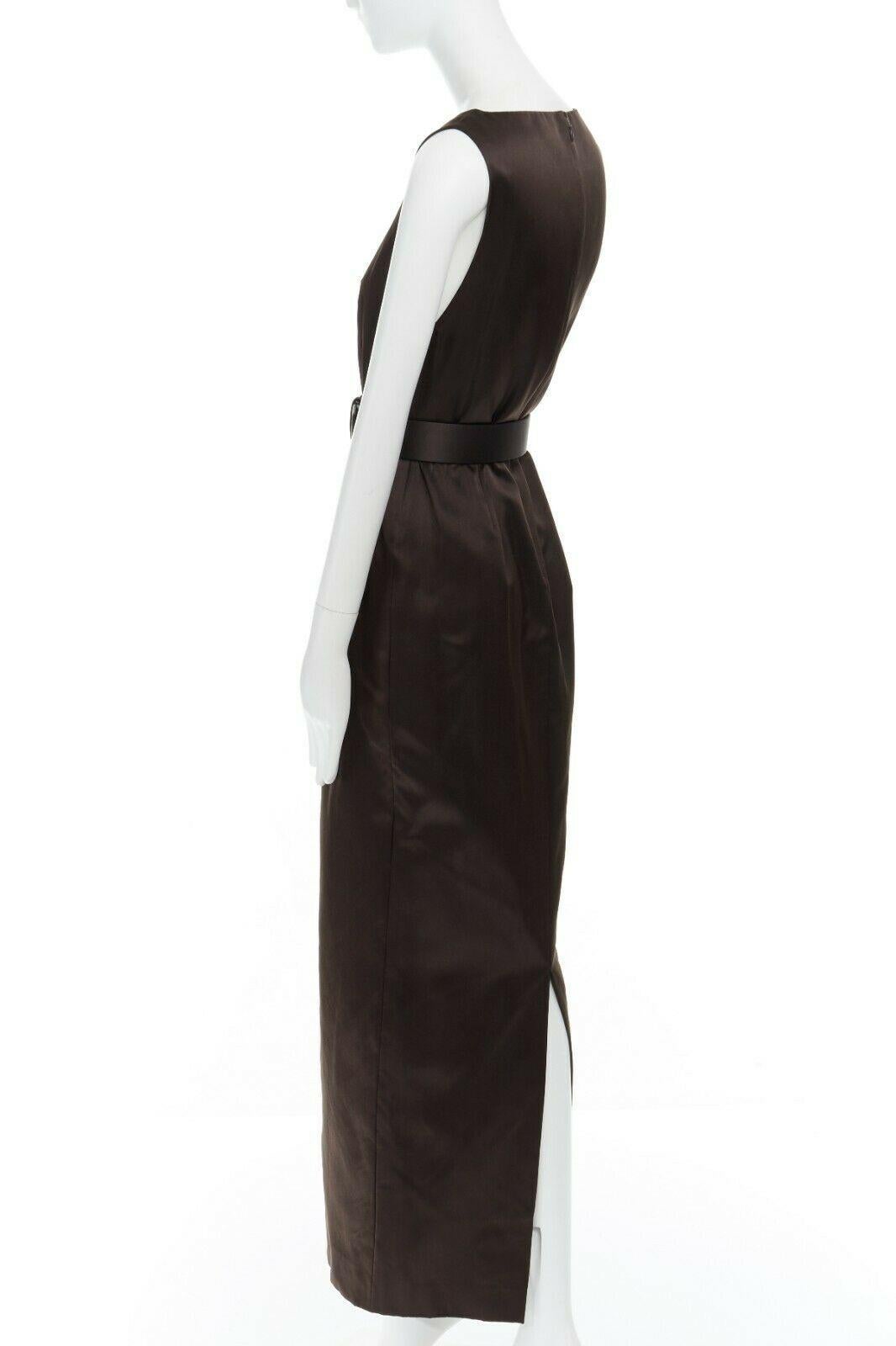 CALVIN KLEIN COLLECTION 100% silk dark brown bateau neck belted column dress US4 2