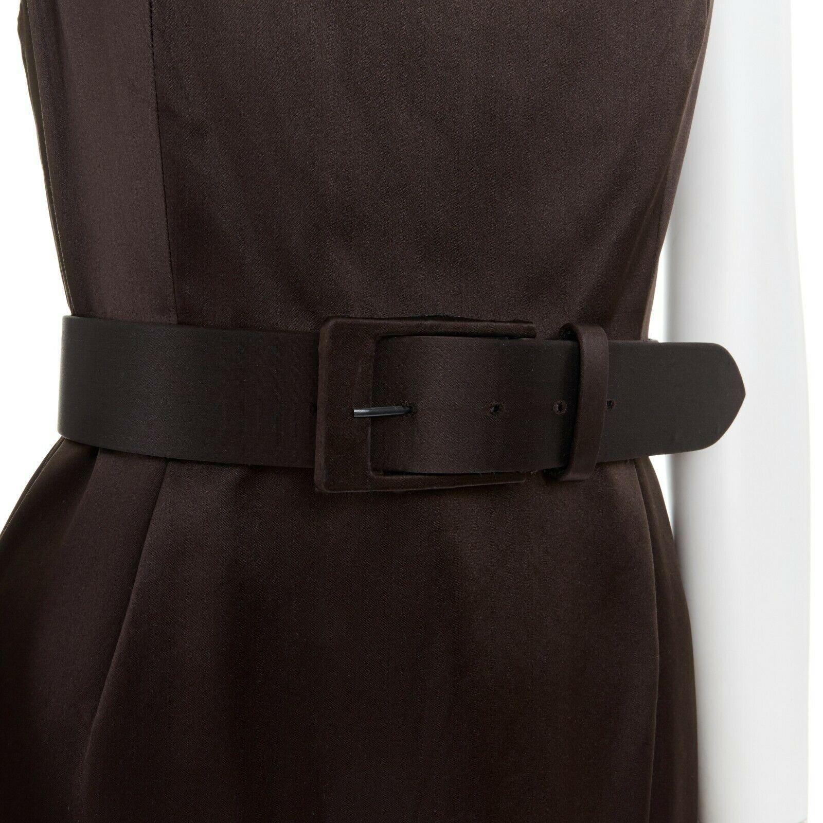 CALVIN KLEIN COLLECTION 100% silk dark brown bateau neck belted column dress US4 3