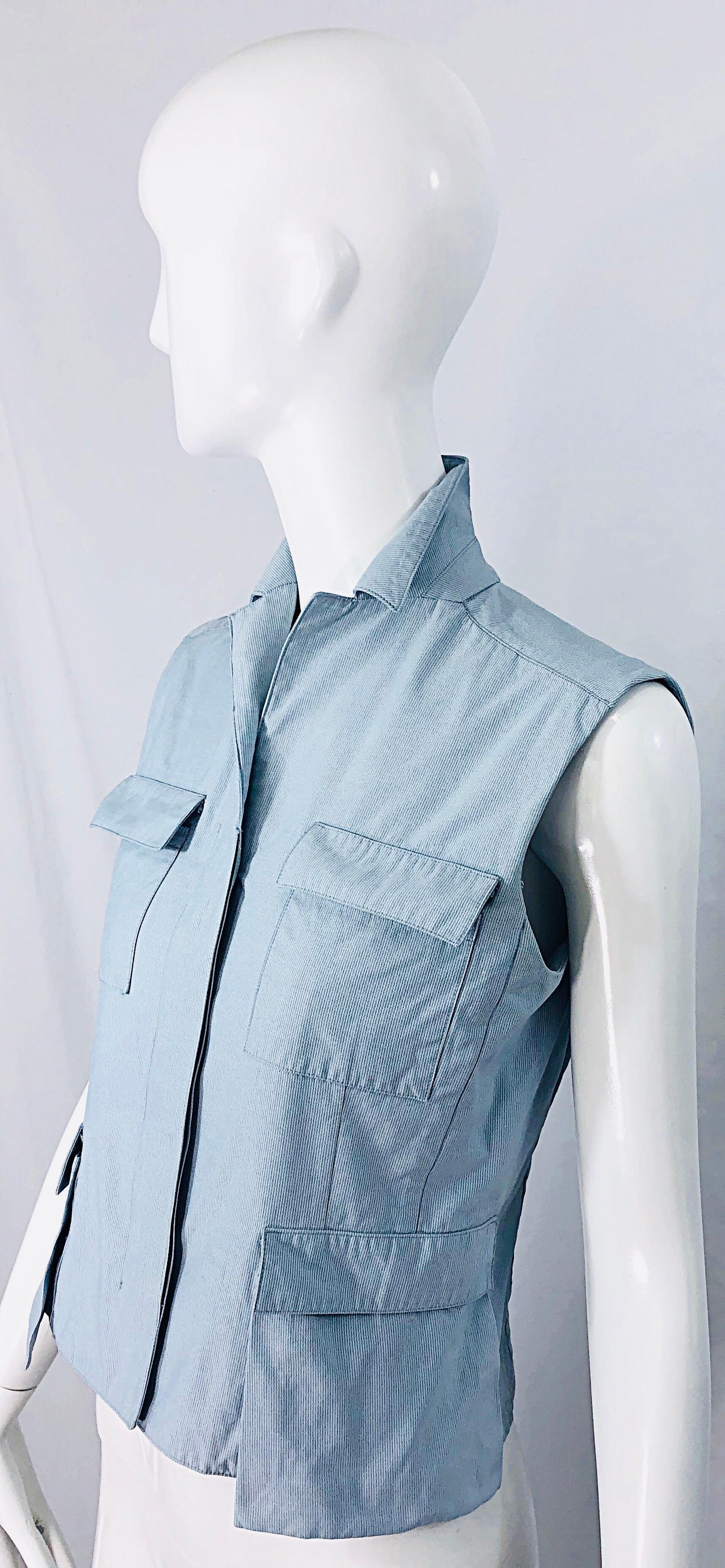 Calvin Klein Collection 1990s Size 6 8 Seersucker Utility Vintage 90s Vest Shirt For Sale 3