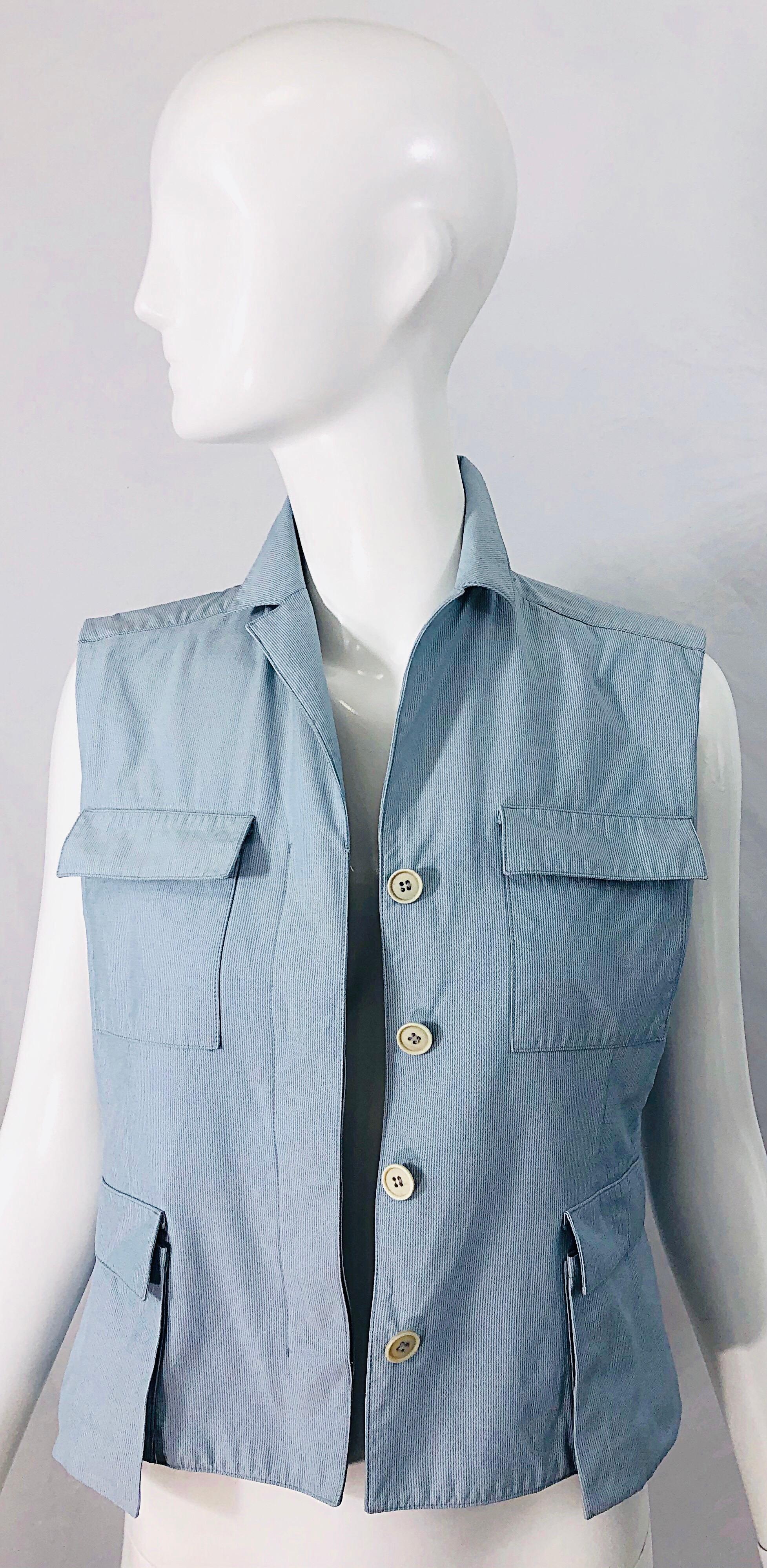 Calvin Klein Collection 1990s Size 6 8 Seersucker Utility Vintage 90s Vest Shirt For Sale 5