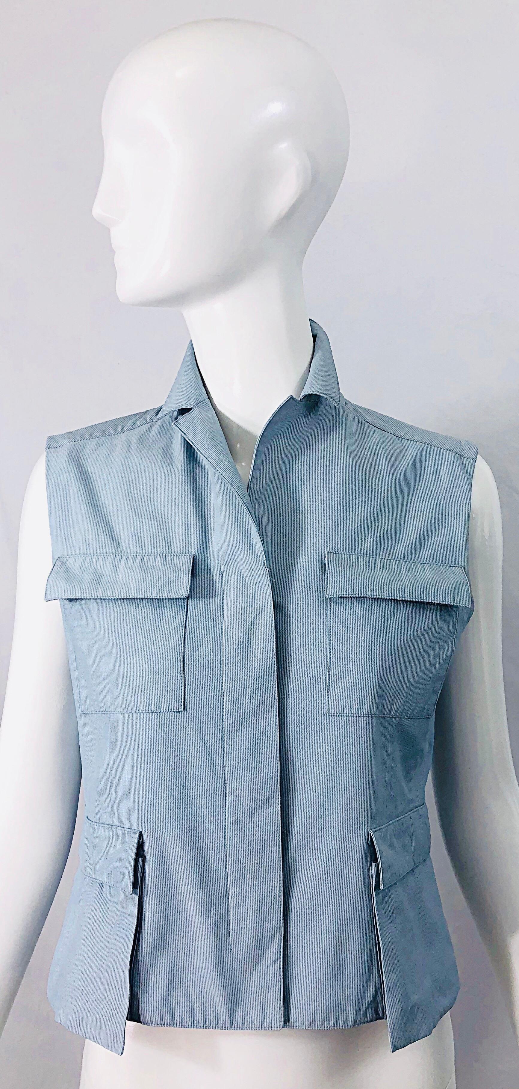 Calvin Klein Collection 1990s Size 6 8 Seersucker Utility Vintage 90s Vest Shirt For Sale 6